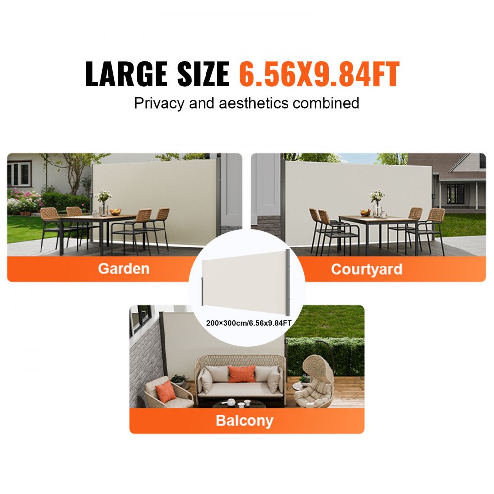 VEVOR Seitenmarkise 200 x 300 cm Seitenwandmarkise aus 180 g/m² Polyestergewebe mit PU-Beschichtung Markise einziehbarer Griff mit Federmechanismus Sichtschutz Blickschutz für Balkone Innenhöfe Beige