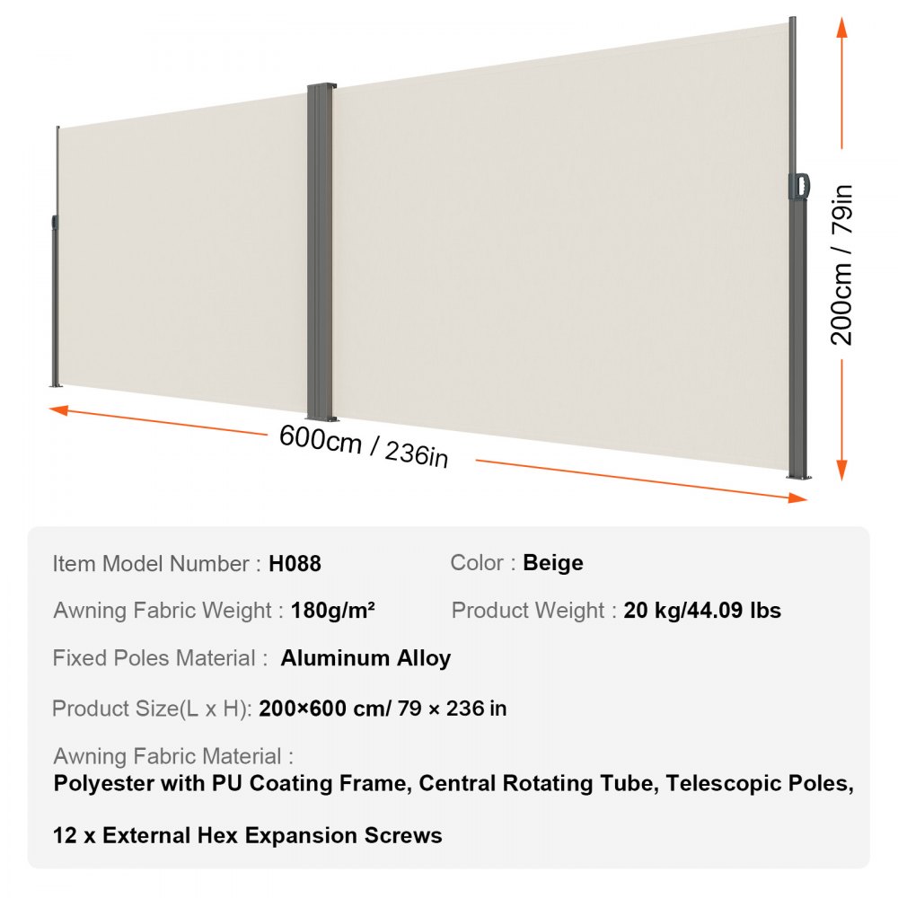 VEVOR Seitenmarkise 200 x 600 cm Seitenwandmarkise aus 180 g/m² Polyestergewebe mit PU-Beschichtung Markise einziehbarer Griff mit Federmechanismus Sichtschutz Blickschutz für Balkone Innenhöfe Beige