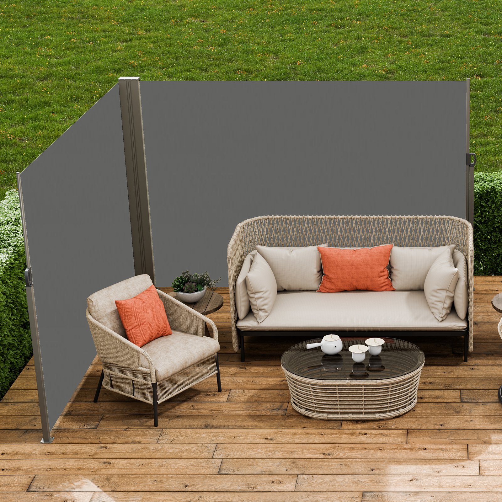 VEVOR Seitenmarkise 200 x 600 cm Seitenwandmarkise aus 180 g/m² Polyestergewebe mit PU-Beschichtung Markise einziehbarer Griff mit Federmechanismus Sichtschutz Blickschutz für Balkone Innenhöfe Grau