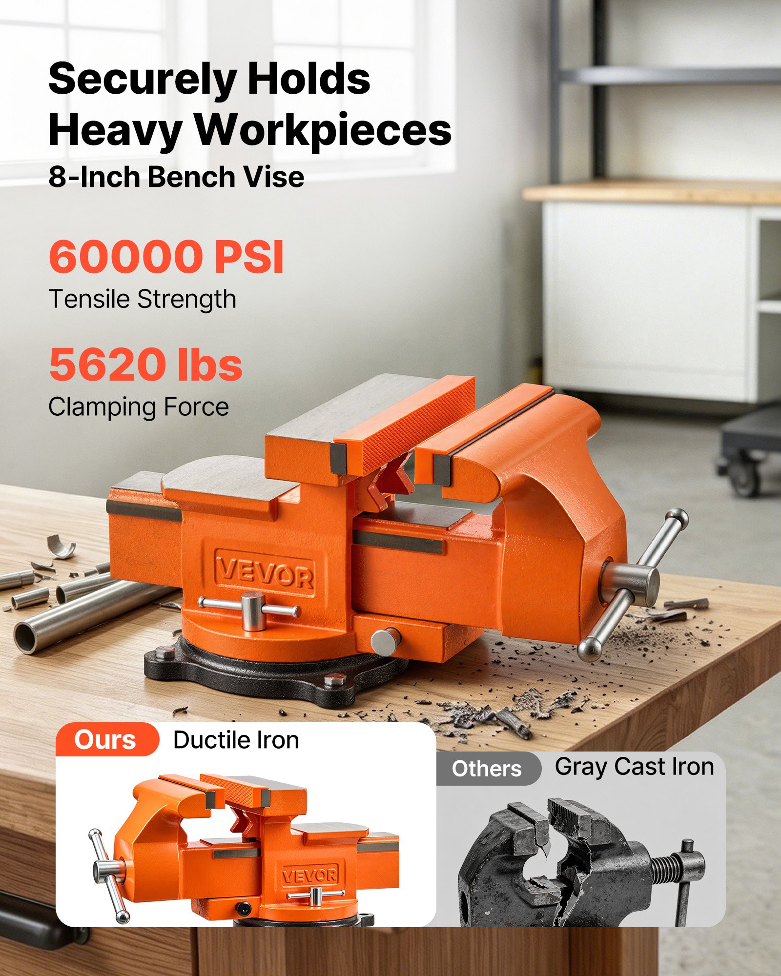 VEVOR Werkbankschraubstock 203 mm Backenbreite Schraubstock 360° Drehbar, für Sägen, Schleifen, Bohren und Rohrschneiden, 25 kN Spannkraft, mit Schnellspannhebel, Amboss, Schrauben und Muttern