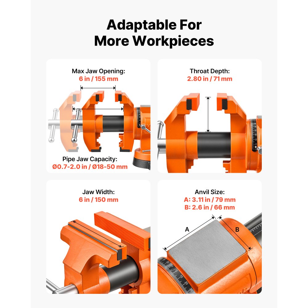 VEVOR Heavy Duty Bench Vise, 150 mm Jaw Width, Double Swivel Rotating Multi-Purpose Bench Vise, with 360° Locking Swivel Base Head, 71 mm Throat Depth, 155mm Max Jaw Opening, for Drilling Pipe Cutting