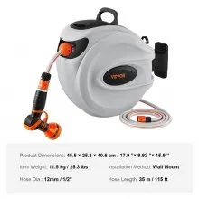 VEVOR Schlauchtrommel schlauchaufroller Wasser 35mx12mm mit Wandhalterung Tragegriff Schlauchaufroller mit 9-Muster-Sprühdüse & Gartenschlauch