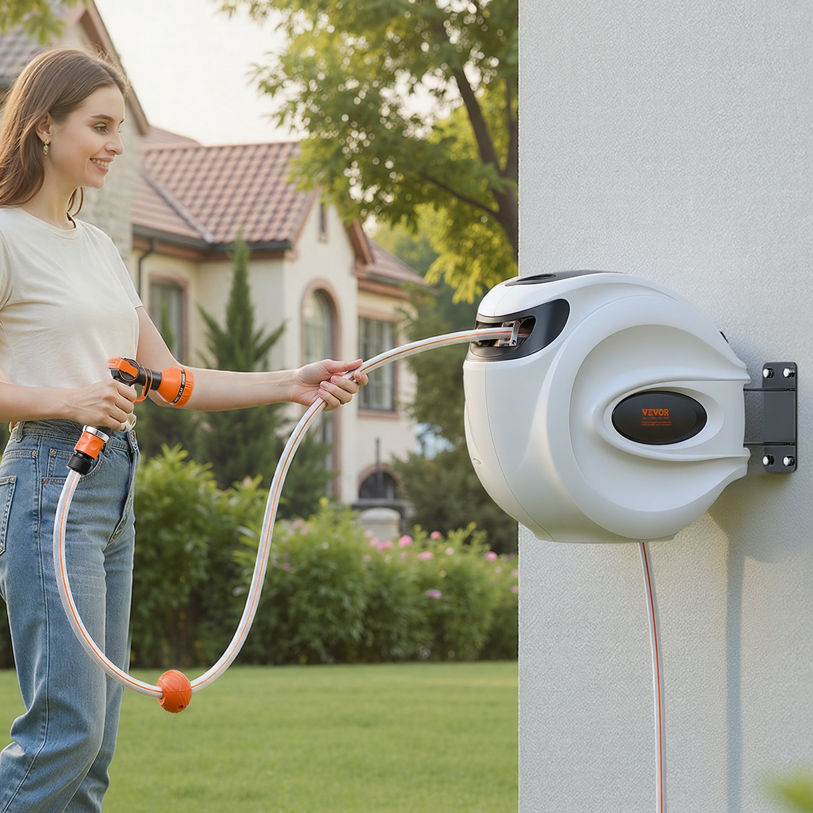 VEVOR Schlauchtrommel, 12mmx40m, Wandmontage, Schlauchaufroller mit Düse mit 9 Mustern, Schlauchbox, automatisches Rücklaufsystem mit langsamer Rückführung & 180°-Schwenkhalterung