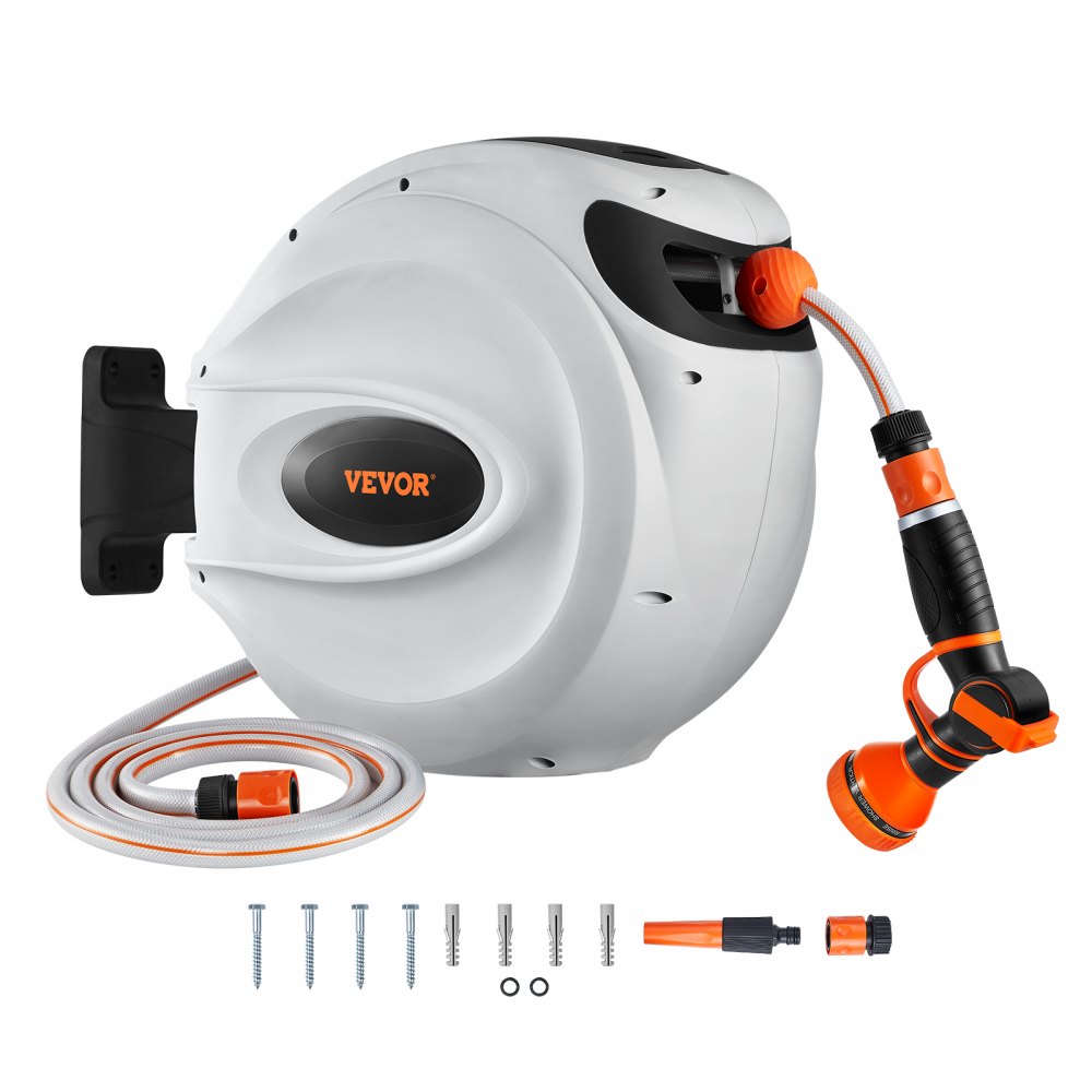 VEVOR Hose Reel, 12mm x 30m, Wall-Mounted Hose Reel, Wall-Mounted Hose Box with 9 Pattern Nozzle, Automatic Slow Retraction System & 180° Swivel Bracket