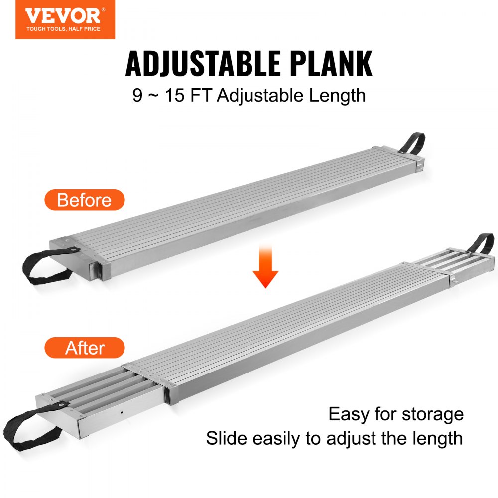 VEVOR Teleskop-Arbeitsplanke aus Aluminium, 2,74-4,57 m,  227 kg Tragkraft, 31,75 cm breite Aluminium-Gerüstplanke, Verlängerungs-Bühnenplanke mit rutschfester Plattform, Gerüstleiter-Zubehör