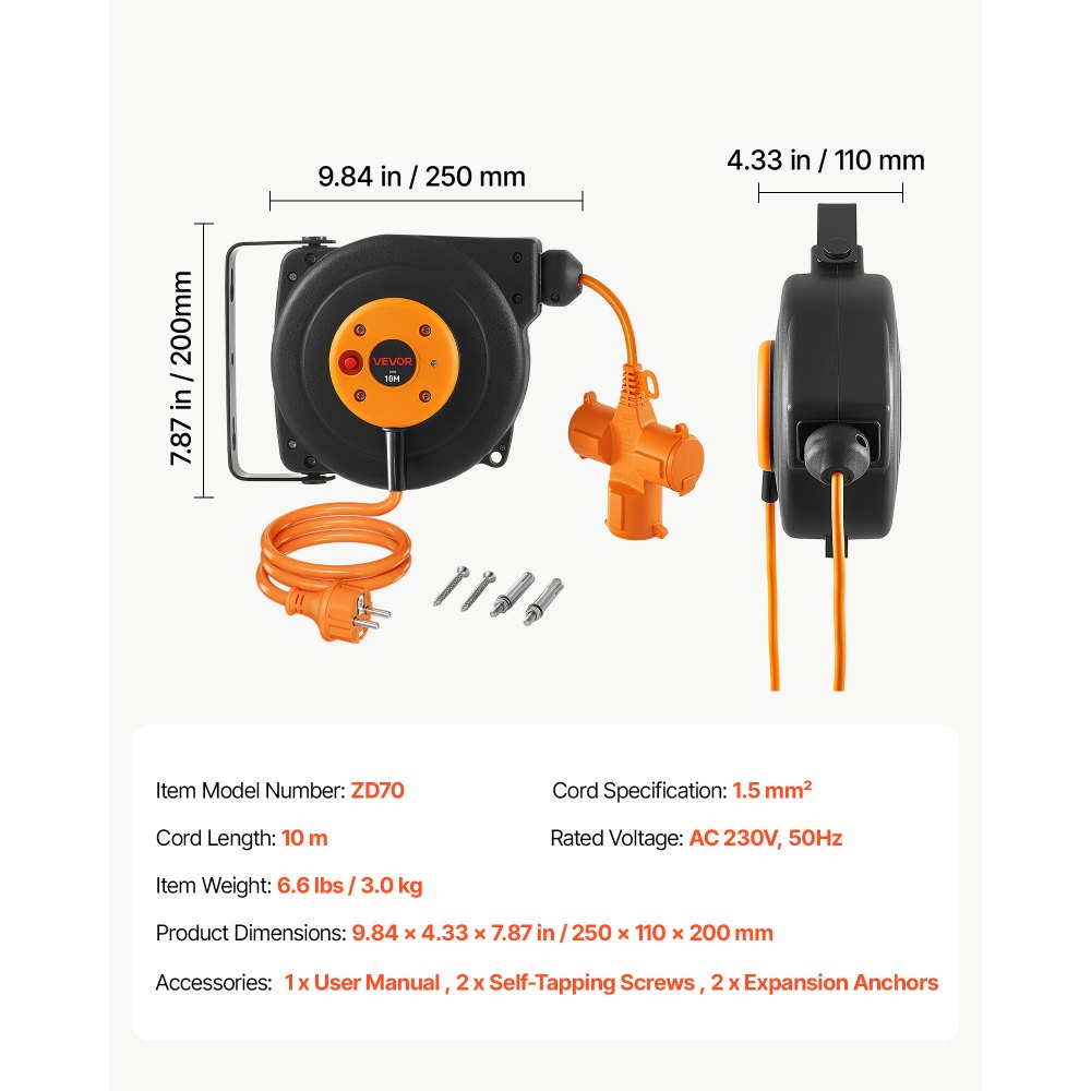 VEVOR Kabeltrommel 10 m 3000 W Automatischer Kabelaufroller 16 AWG/3-adrig, zur Decken-/Wandmontage, 3 Steckdosen, 56 °C Überhitzungsschutz, Beleuchtete Dreifachsteckdose, mit 180°-Schwenkhalterung