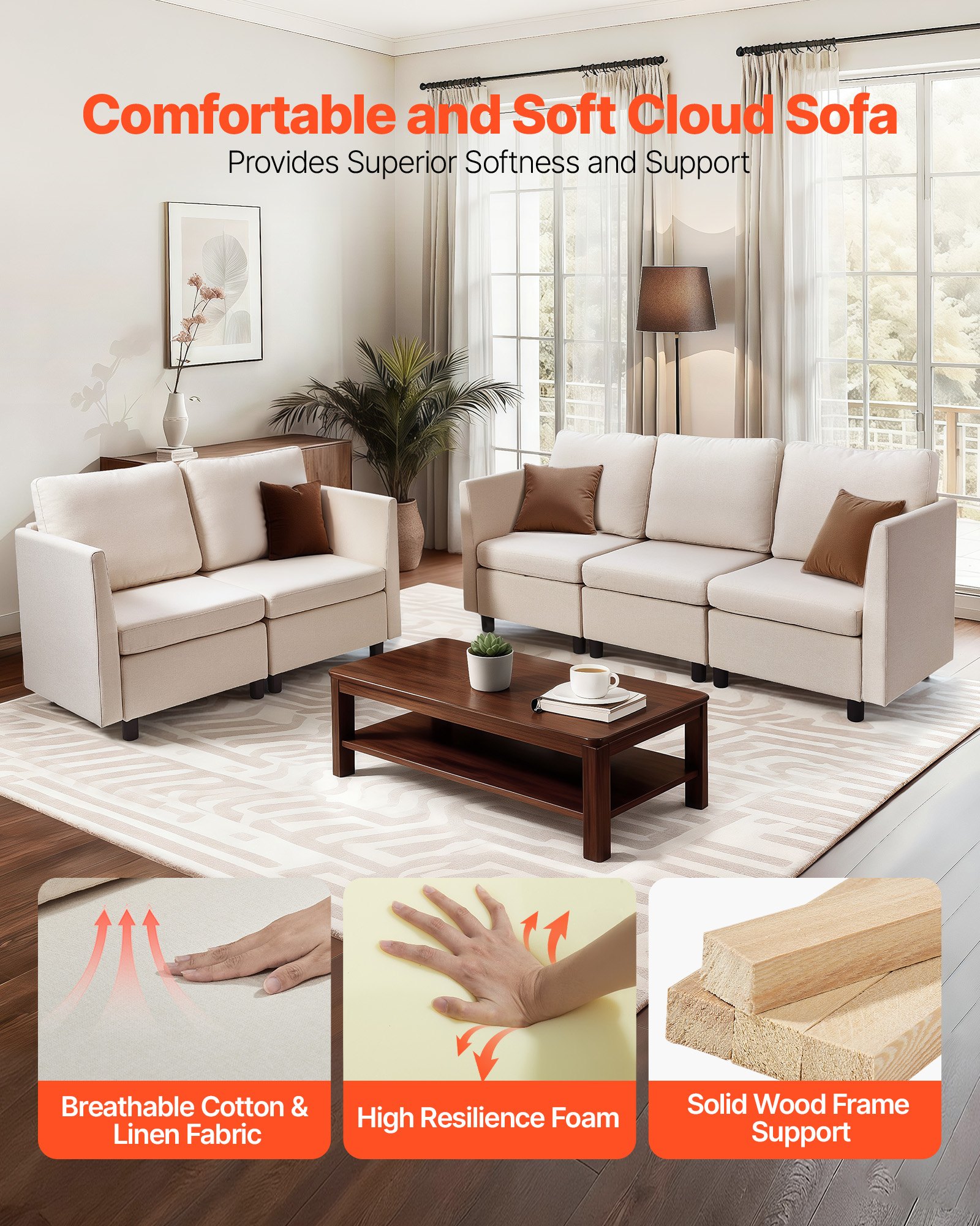 VEVOR Ecksofa Eckcouch Schlafsofa mit verstecktem Stauraum, modularer Couch mit hochelastischem Schaumstoff, gepolstertes Sofa (5 Sitzer) mit Massivholzrahmen für Wohnzimmer Schlafzimmer, Beige