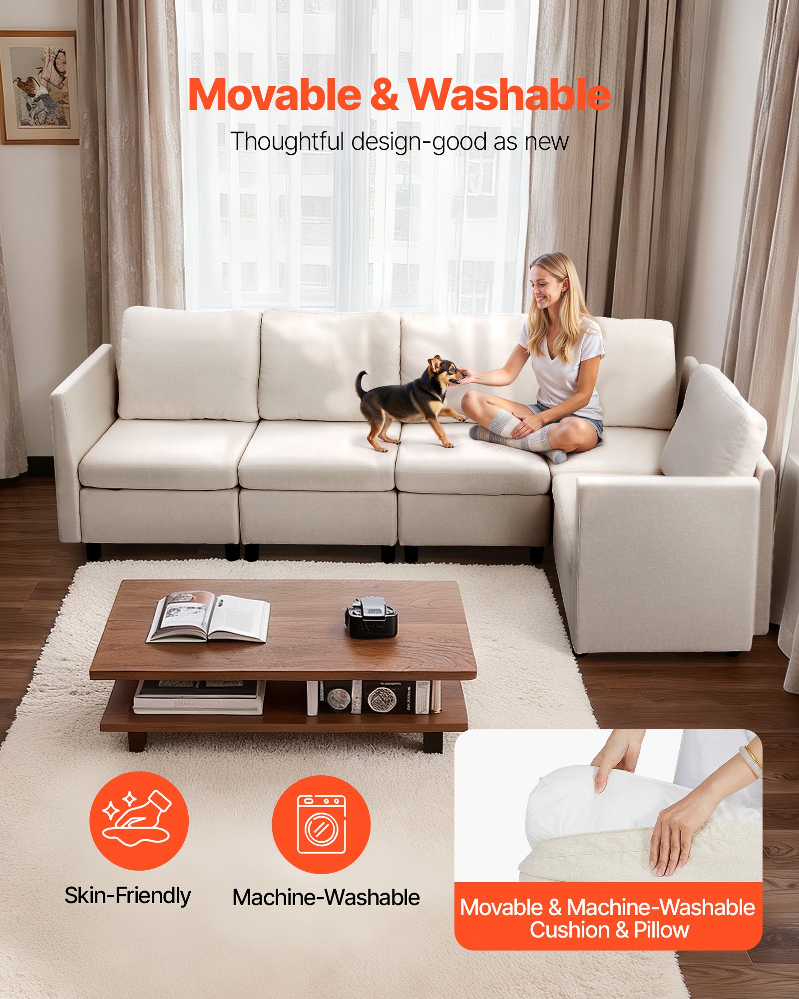 VEVOR Ecksofa Eckcouch Schlafsofa mit verstecktem Stauraum, modularer Couch mit hochelastischem Schaumstoff, gepolstertes Sofa (5 Sitzer) mit Massivholzrahmen für Wohnzimmer Schlafzimmer, Beige