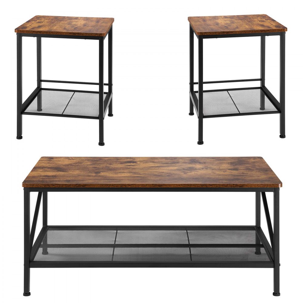 VEVOR 3 Pieces Living Room Table Sets, 105 cm Industrial Coffee Table with 2 Square End Side Tables, Easy Assembly Coffee and End Tables Sets with Metal Legs, for Office, Living Room and Apartment