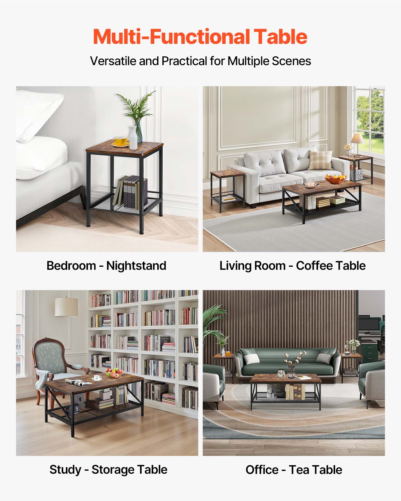 VEVOR 3-teiliges Wohnzimmertisch-Set, (105 cm lang) Industrie-Couchtisch mit 2 quadratischen Beistelltischen (45 cm lang), Sofatisch-Sets mit Metallbeinen, Satztische für Büro Wohnzimmer Wohnung