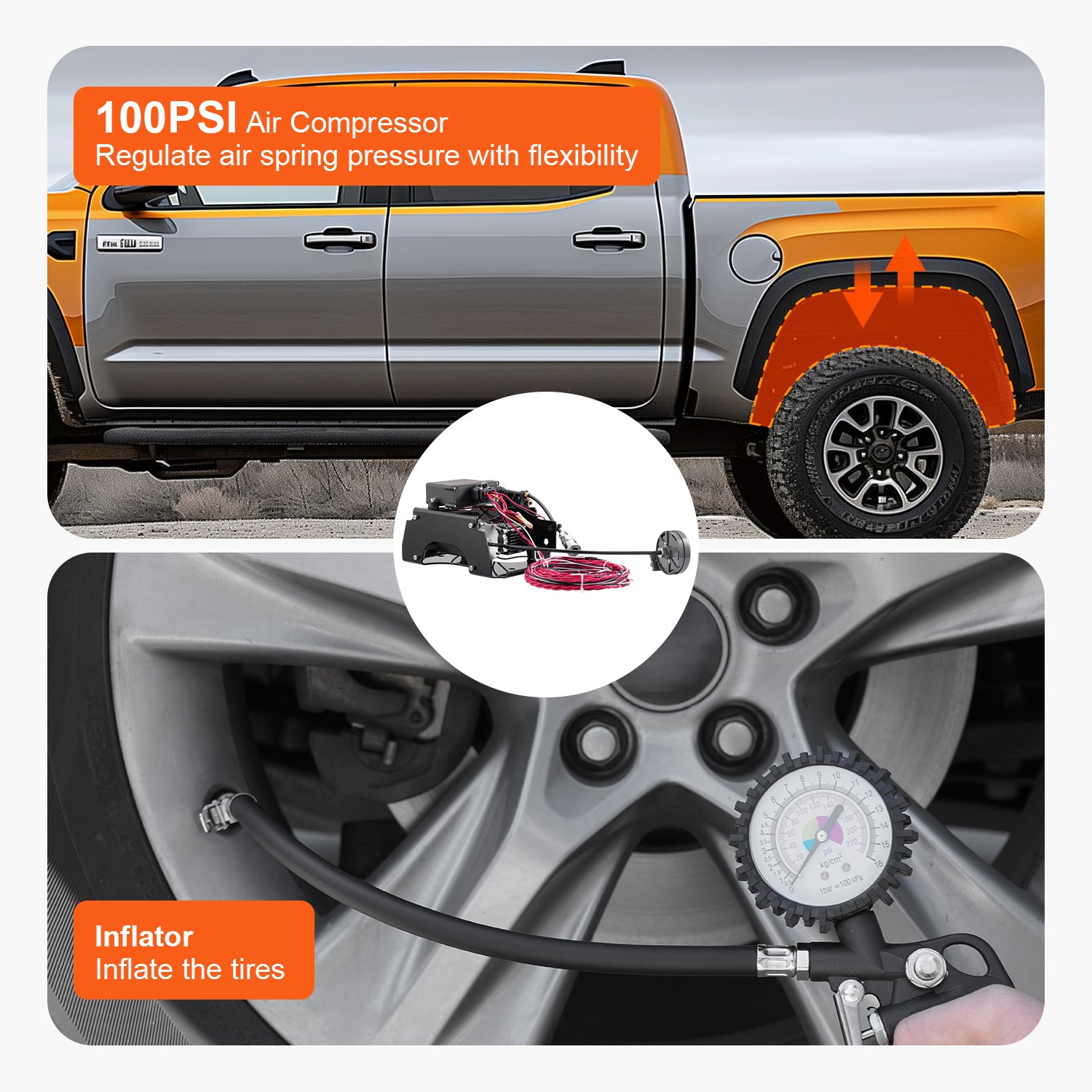 VEVOR Luftdruckstoßdämpfer Set 12 V 100 PSI Bord-Luftkompressorsystem, Luftfederungskompressor Kit mit App oder Fernbedienung & Einpfadsystem & Inflator & Luftleitung für Lkws Transporter