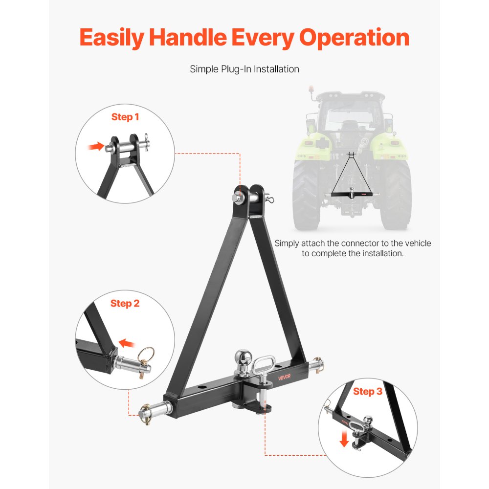 VEVOR 3-Punkt-Anhängerkupplung mit 5,08 cm Empfänger, 3-Punktaufnahme, 2721 kg, Traktor-Anhängerkupplungsadapter, kompatibel mit Kubota, Mahindra, John Deere, Massey Ferguson, 505x575x130mm