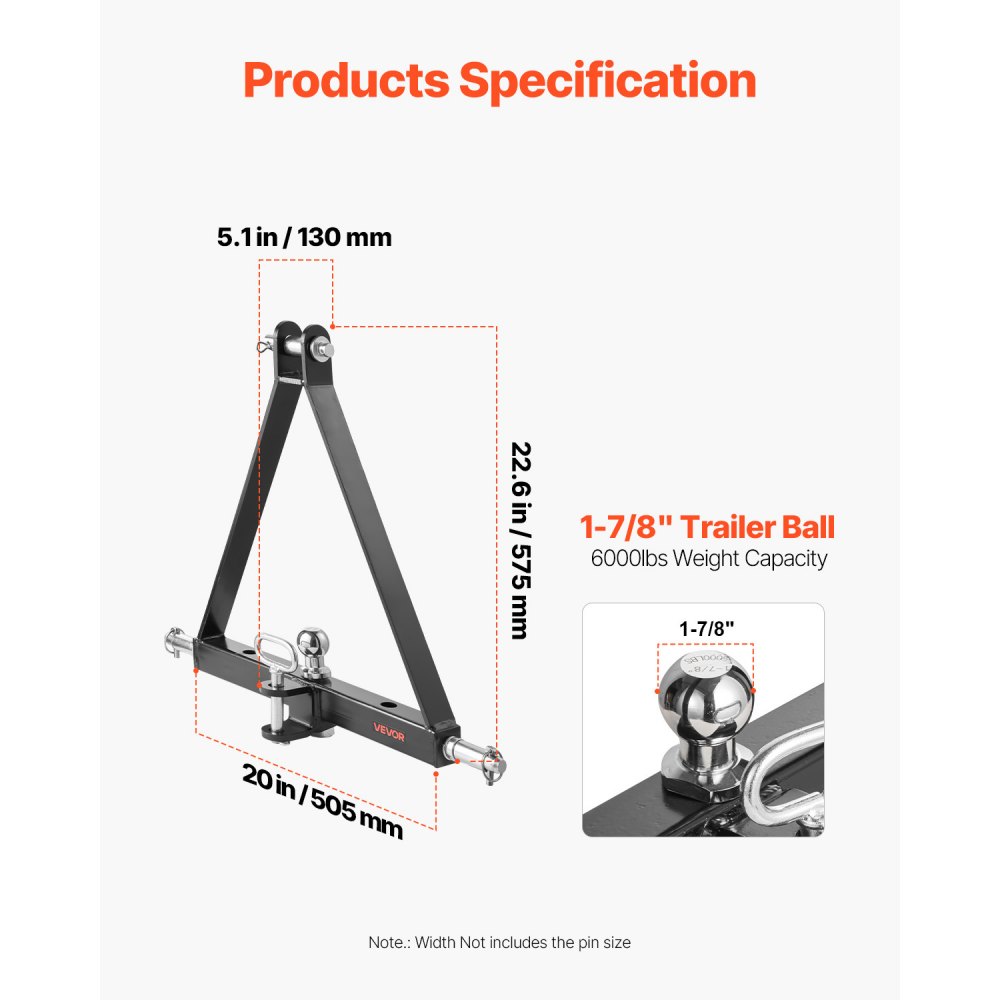 VEVOR 3-Punkt-Anhängerkupplung mit 1-7/8 Zoll Empfänger, 3-Punktaufnahme, 2721 kg, Traktor-Anhängerkupplungsadapter, kompatibel mit Kubota, Mahindra, John Deere, Massey Ferguson, 505x575x130mm