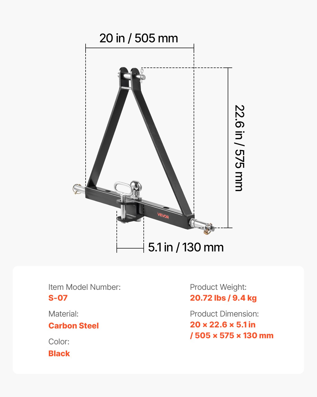 VEVOR 3-Punkt-Anhängerkupplung mit 5,08 cm Empfänger, 3-Punktaufnahme, 2721 kg, Traktor-Anhängerkupplungsadapter, kompatibel mit Kubota, Mahindra, John Deere, Massey Ferguson, 505x575x130mm