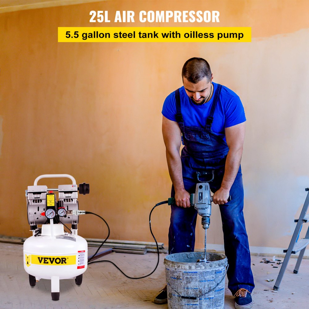 VEVOR Silent Flüsterkompressor 25L Druckluftkompressor 1PS/750W Leise Ölfrei Kompressor 115PSI + 1,2m Kabel Flüster-Lautstärke ≤ 58dB Luftkompressor 1440U/min Ideal für Werkstatt Reifen Fahrrad
