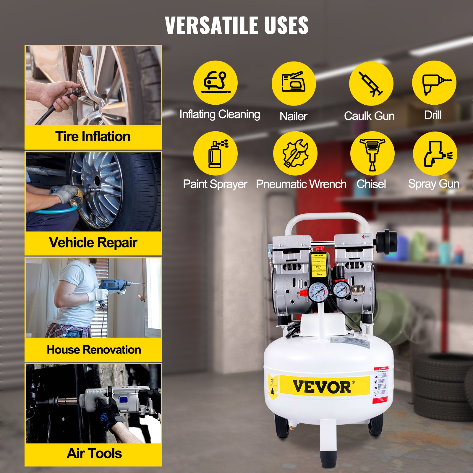 VEVOR Silent Flüsterkompressor 25L Druckluftkompressor 1PS/750W Leise Ölfrei Kompressor 115PSI + 1,2m Kabel Flüster-Lautstärke ≤ 58dB Luftkompressor 1440U/min Ideal für Werkstatt Reifen Fahrrad