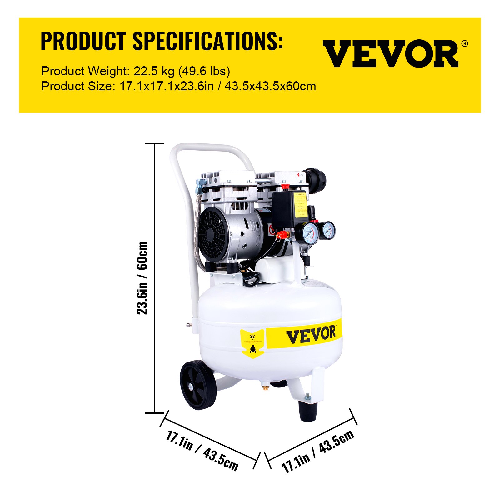 VEVOR Silent Flüsterkompressor 25L Druckluftkompressor 1PS/750W Leise Ölfrei Kompressor 115PSI + 1,2m Kabel Flüster-Lautstärke ≤ 58dB Luftkompressor 1440U/min Ideal für Werkstatt Reifen Fahrrad