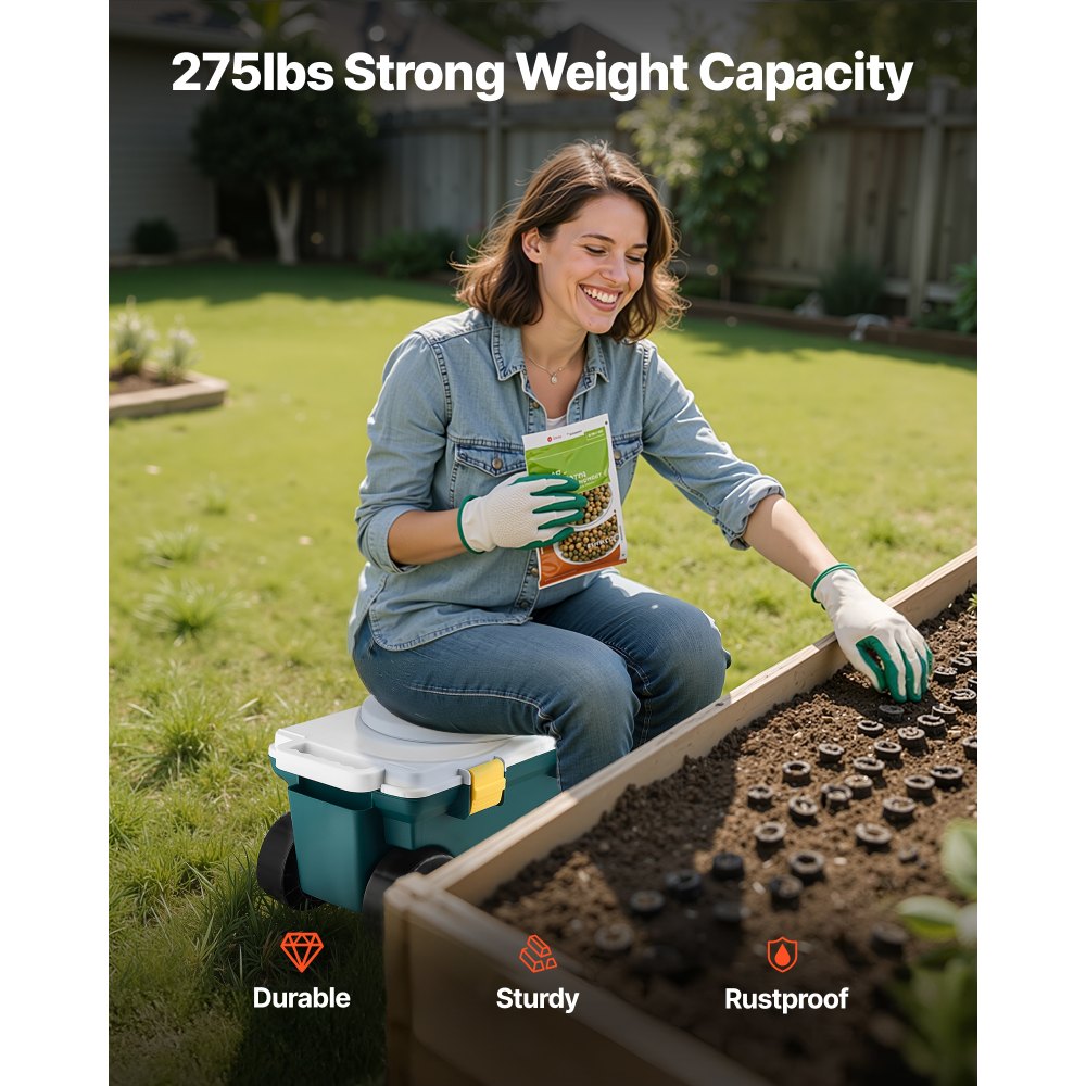 VEVOR Fahrbarer Gartensitz 520 x 310 x 280 mm, Sitzwagen, 2-in-1-Gartenwagen, Rollsitz, Tragkraft bis zu 123 kg, Gartenhelfer, Gartenhocker mit Stauraum zum Jäten & Pflanzen im Garten