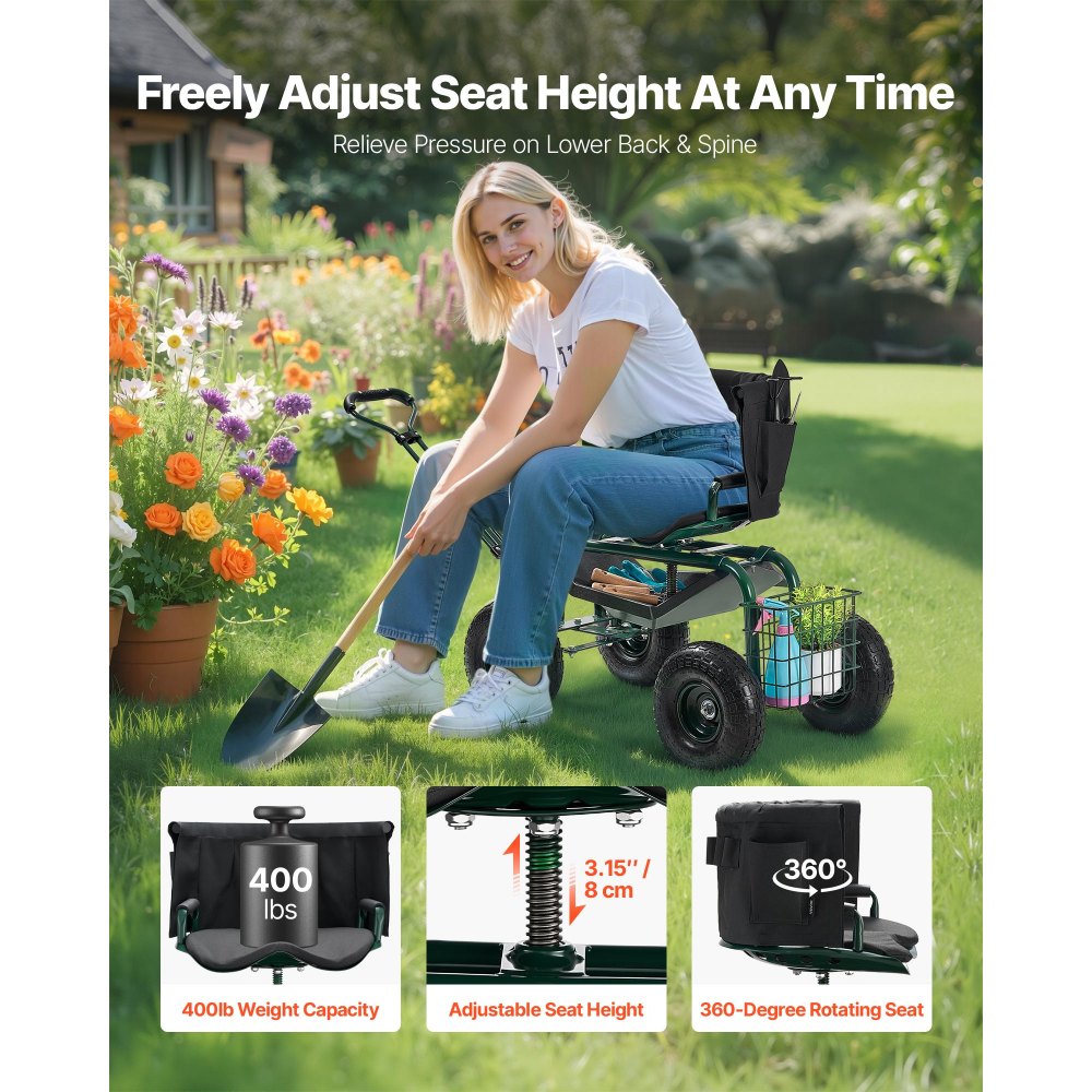 VEVOR Mobiler Gartensitz 810x480x690/770 mm, Gartenrollsitz mit höhenverstellbarer & um 360° drehbarer Sitzfläche, Tragkraft 180 kg, Rückenlehne & Werkzeugaufbewahrung, für Garten, Hof, Terrasse