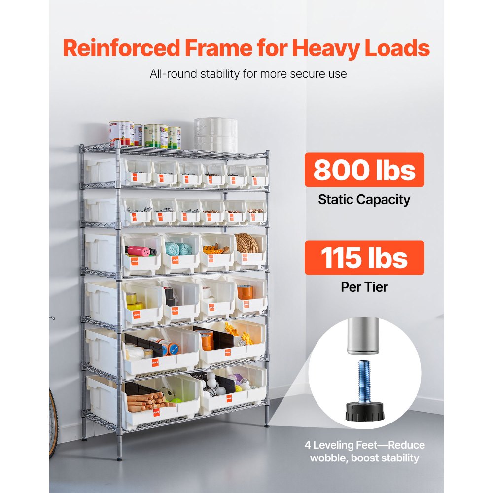 VEVOR Standregal, Lagerregal mit 7 Ebenen & 24 Stapelboxen, Bücherregal, Küchenregal mit Rollen, Werkzeugaufbewahrung für Garage, Lager, Büro, Restaurant, Klassenzimmer, Küche, 355x900x1480 mm