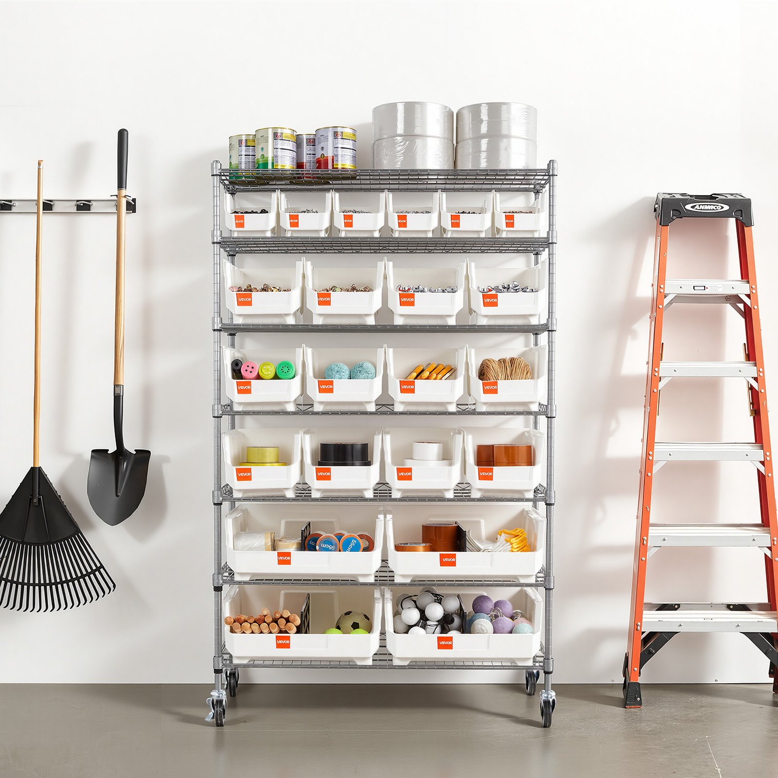 VEVOR Standregal, Lagerregal mit 22 Stapelboxen, Bücherregal, Küchenregal mit Rollen, mobile Werkzeugaufbewahrung für Garage, Lager, Büro, Restaurant, Klassenzimmer, Küchen,  355x900x1490mm