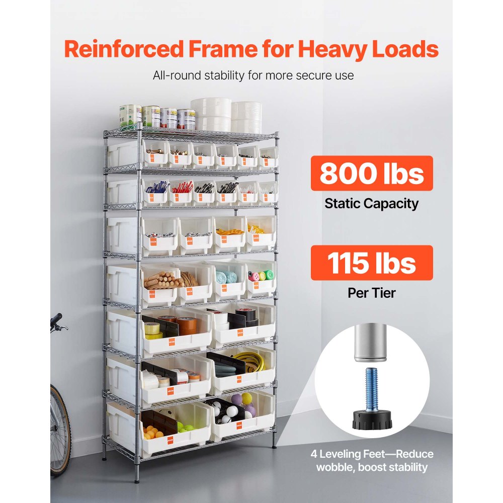 VEVOR Standregal, Lagerregal mit 8 Ebenen & 26 Stapelboxen, Bücherregal, Küchenregal mit Rollen, Fahrregal für Garage, Lager, Büro, Restaurant, Klassenzimmer, Küche, 355x900x1690 mm