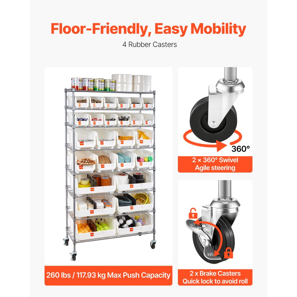 VEVOR Standregal, Lagerregal mit 8 Ebenen & 26 Stapelboxen, Bücherregal, Küchenregal mit Rollen, Fahrregal für Garage, Lager, Büro, Restaurant, Klassenzimmer, Küche, 355x900x1690 mm