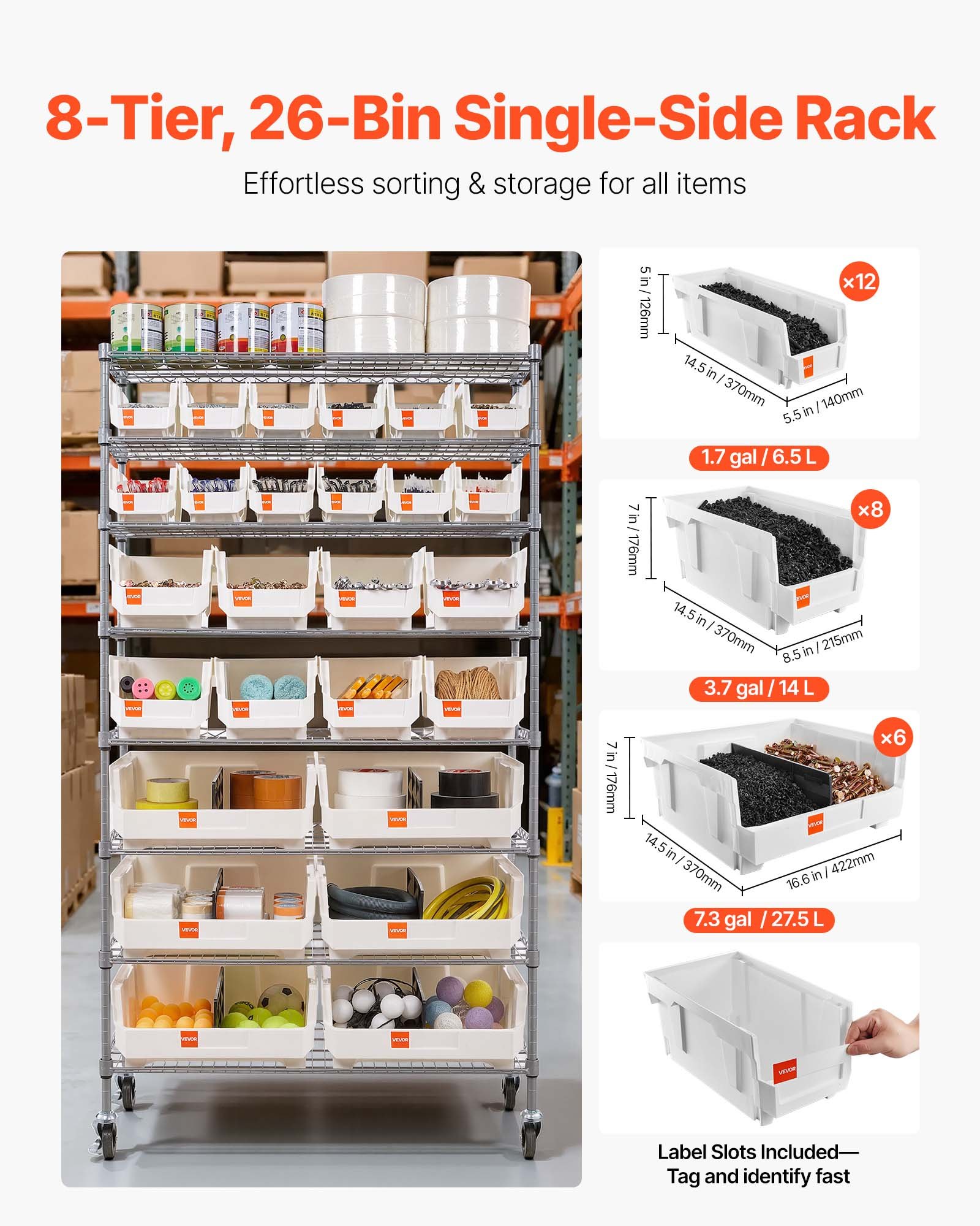VEVOR Standregal, Lagerregal mit 8 Ebenen & 26 Stapelboxen, Bücherregal, Küchenregal mit Rollen, Fahrregal für Garage, Lager, Büro, Restaurant, Klassenzimmer, Küche, 355x900x1690 mm