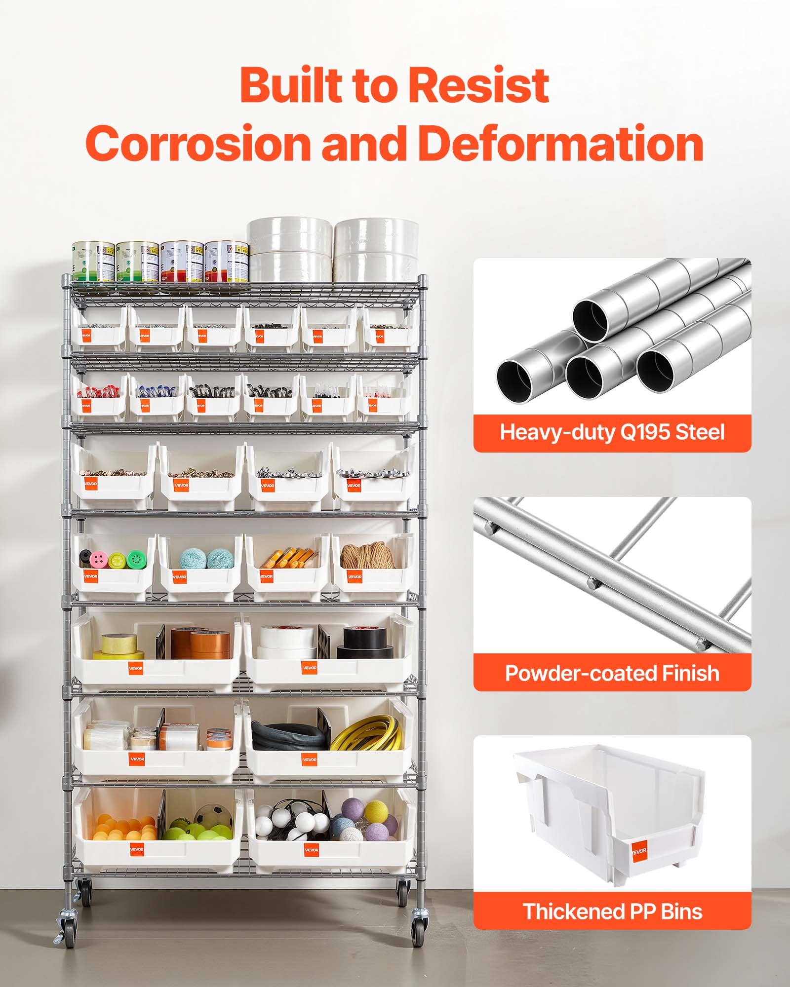 VEVOR Standregal, Lagerregal mit 8 Ebenen & 26 Stapelboxen, Bücherregal, Küchenregal mit Rollen, Fahrregal für Garage, Lager, Büro, Restaurant, Klassenzimmer, Küche, 355x900x1690 mm