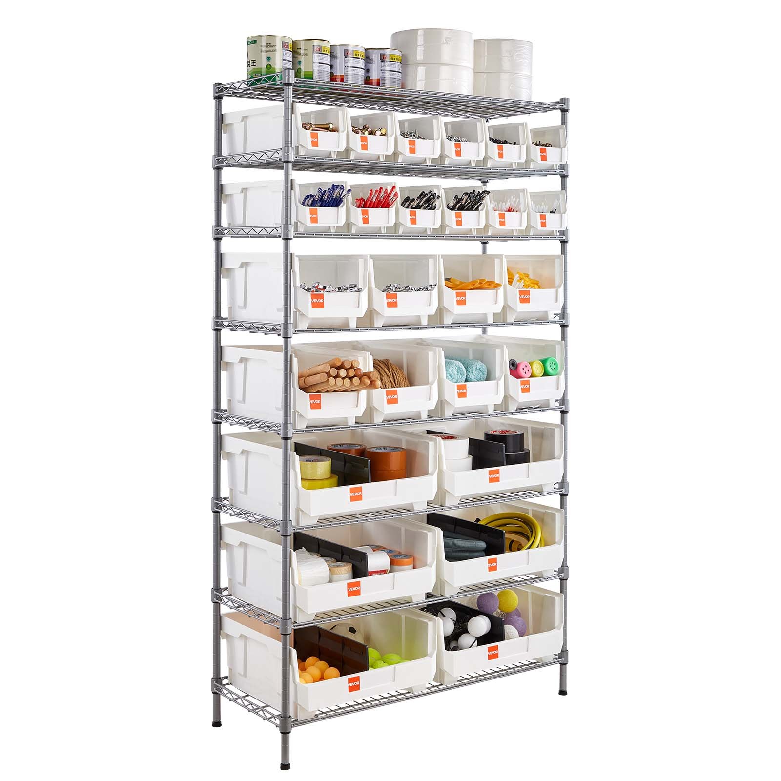 VEVOR Standregal, Lagerregal mit 8 Ebenen & 26 Stapelboxen, Bücherregal, Küchenregal mit Rollen, Fahrregal für Garage, Lager, Büro, Restaurant, Klassenzimmer, Küche, 355x900x1690 mm