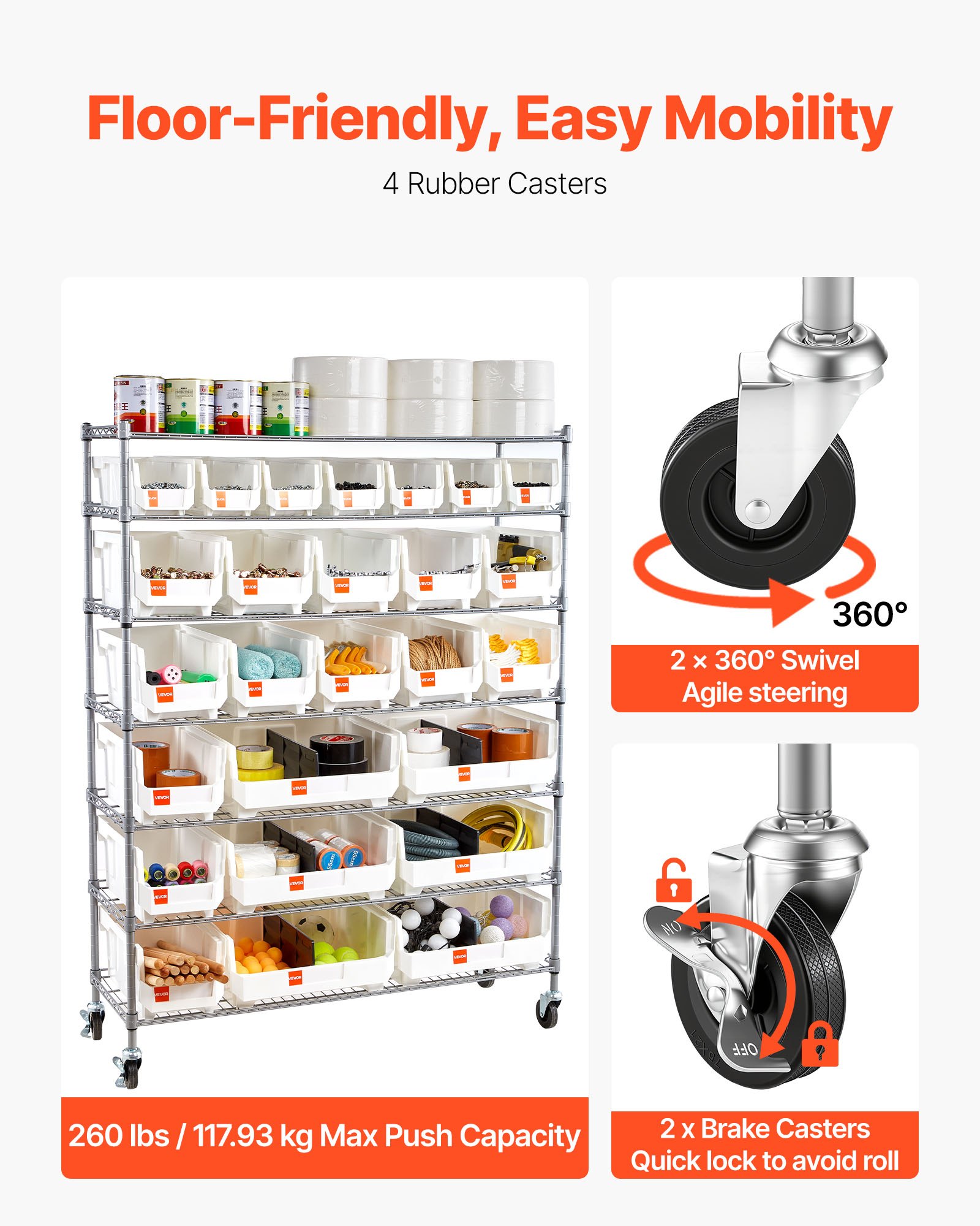 VEVOR Standregal, Lagerregal mit 7 Ebenen & 26 Stapelboxen, Bücherregal, Küchenregal mit Rollen, Fahrregal für Garage, Lager, Büro, Restaurant, Klassenzimmer, Küche, 355x1110x1480 mm