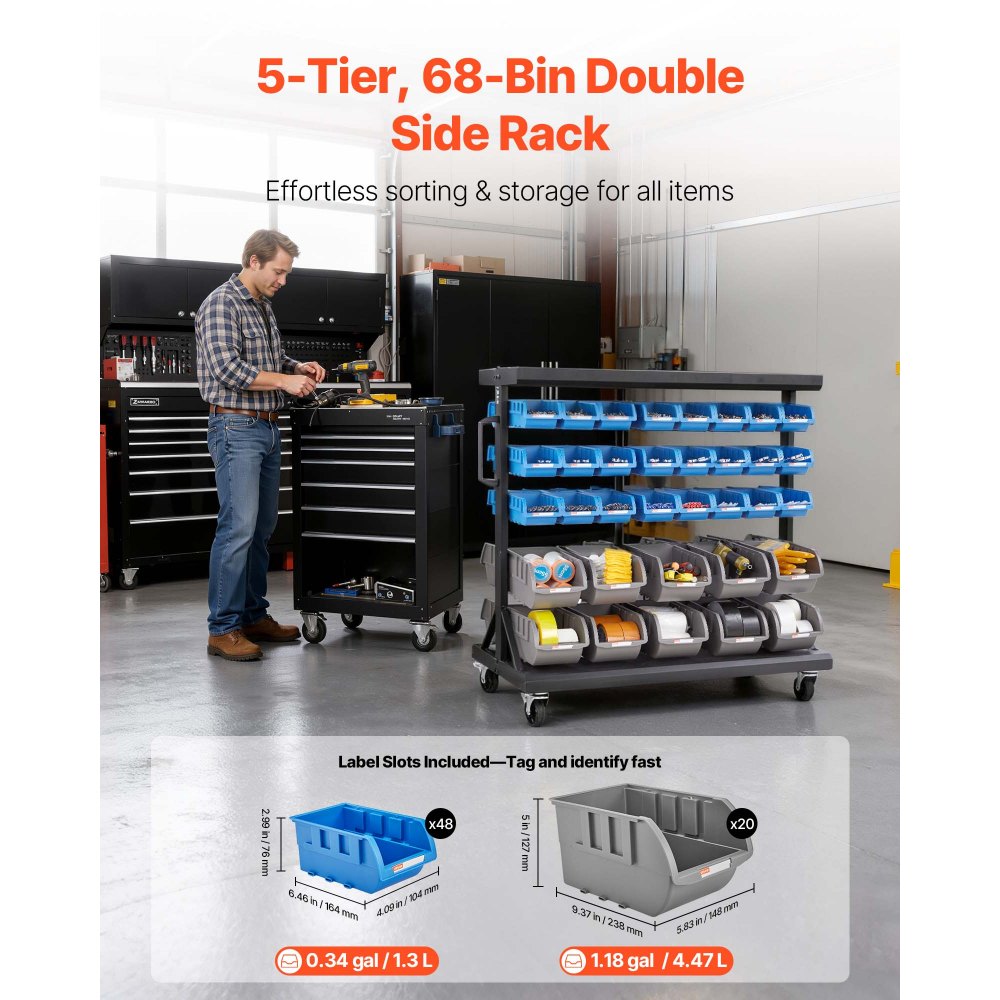 VEVOR Fahrregal mit Stapelboxen Set, Mobiles Lagerregal mit 5 Ebenen & 68 Sortimentskästen für Kleinteile in zwei Größen, 900x500x950 mm, doppelseitig, für Werkstatt, Garage, Lager & Büro