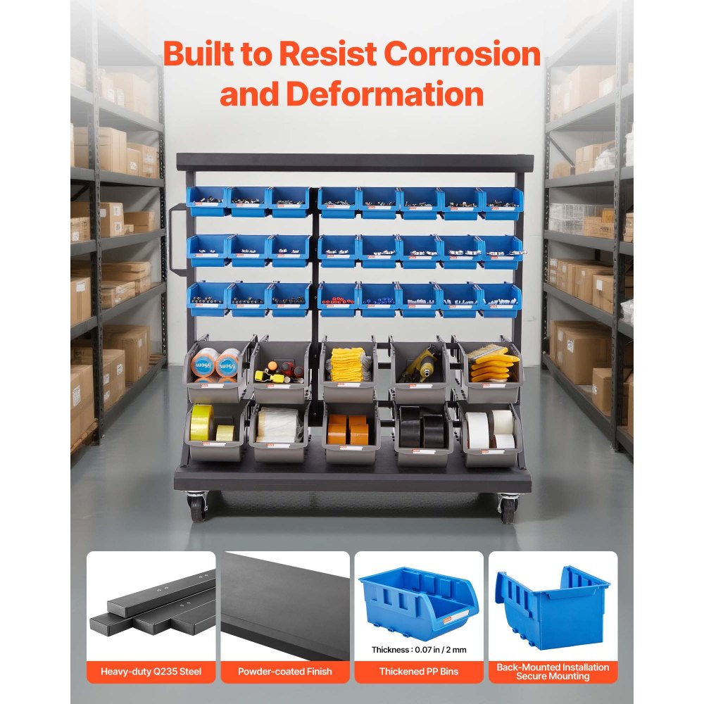 VEVOR Fahrregal mit Stapelboxen Set, Mobiles Lagerregal mit 5 Ebenen & 68 Sortimentskästen für Kleinteile in zwei Größen, 900x500x950 mm, doppelseitig, für Werkstatt, Garage, Lager & Büro