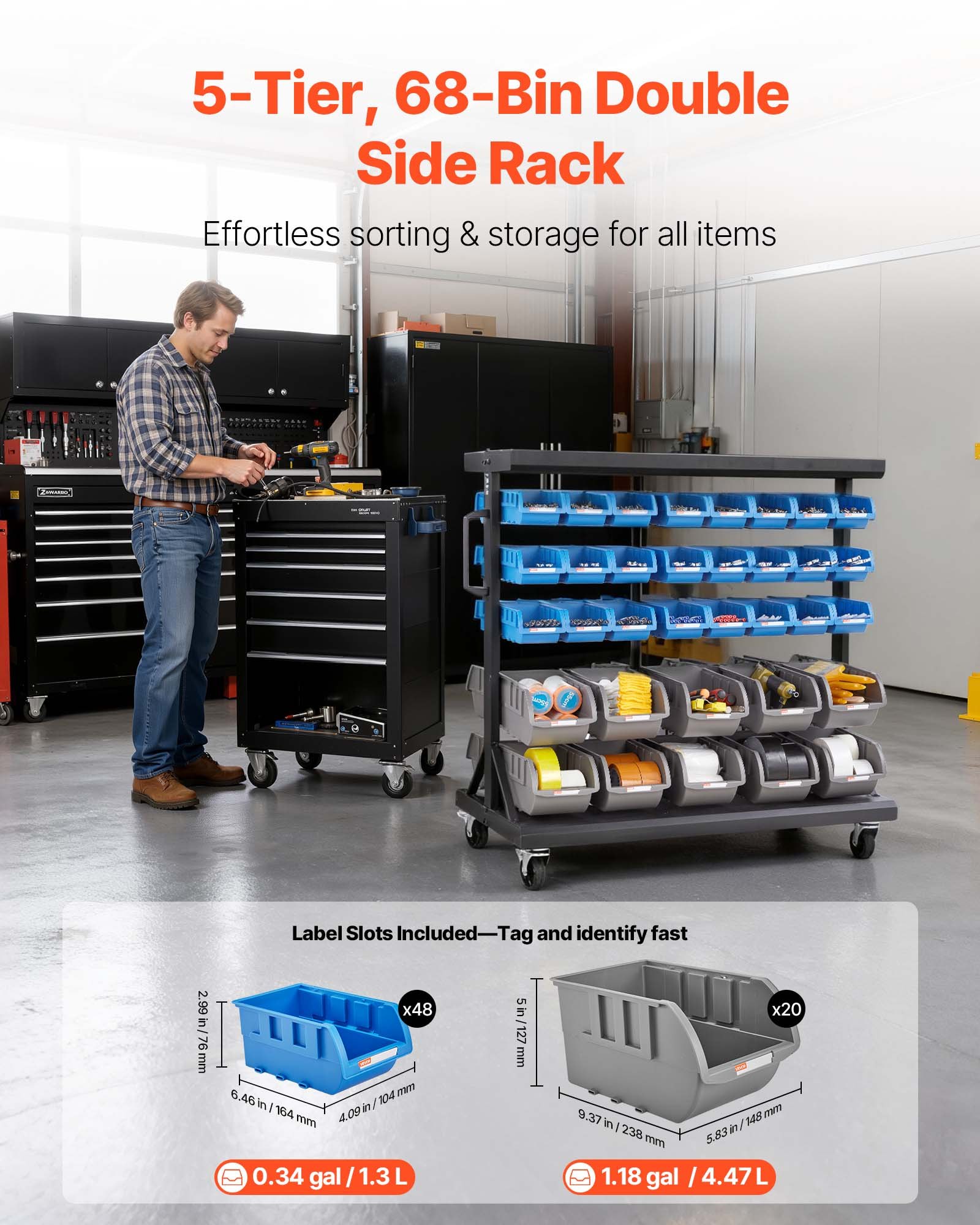 VEVOR Fahrregal mit Stapelboxen Set, Mobiles Lagerregal mit 5 Ebenen & 68 Sortimentskästen für Kleinteile in zwei Größen, 900x500x950 mm, doppelseitig, für Werkstatt, Garage, Lager & Büro