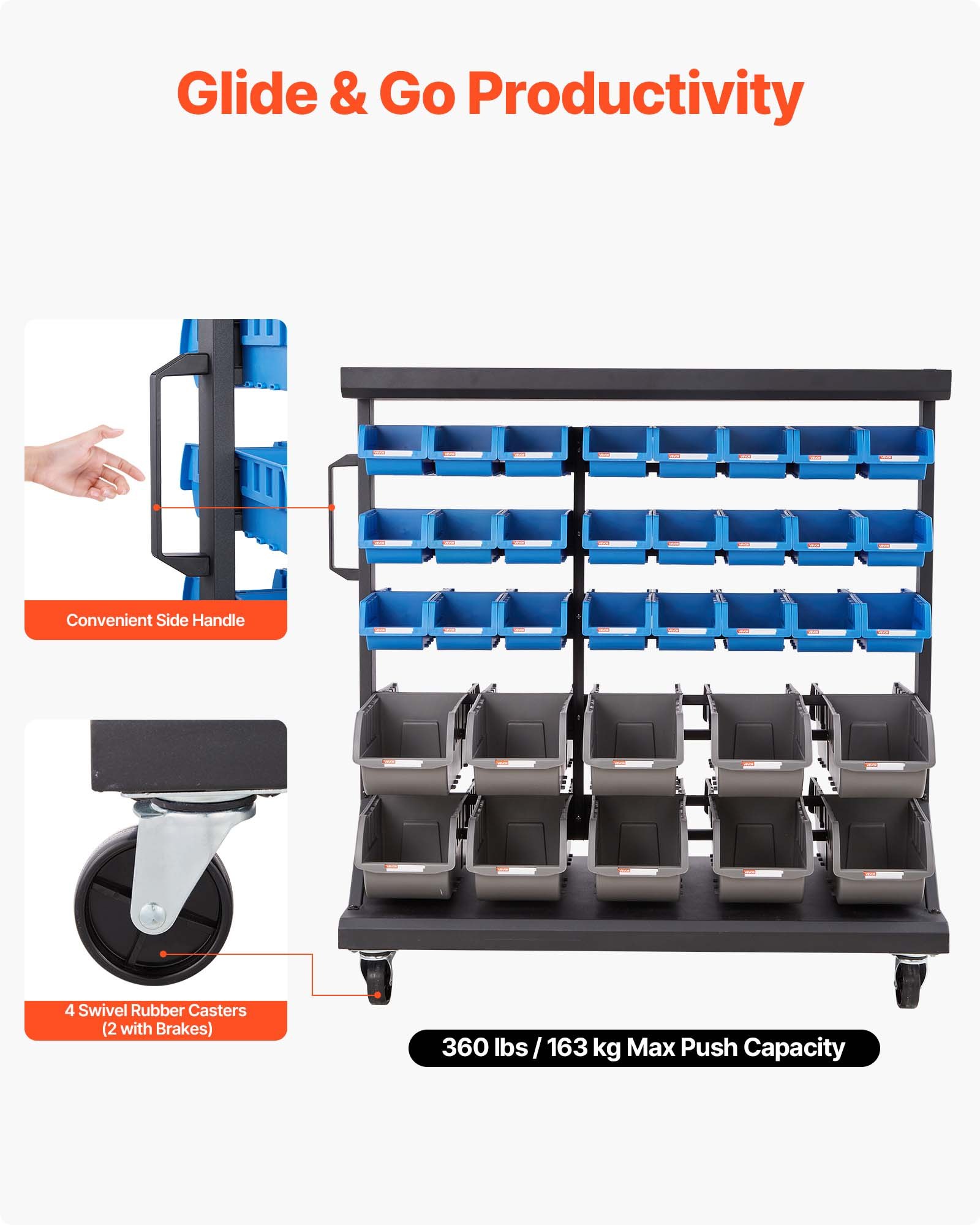 VEVOR Fahrregal mit Stapelboxen Set, Mobiles Lagerregal mit 5 Ebenen & 68 Sortimentskästen für Kleinteile in zwei Größen, 900x500x950 mm, doppelseitig, für Werkstatt, Garage, Lager & Büro