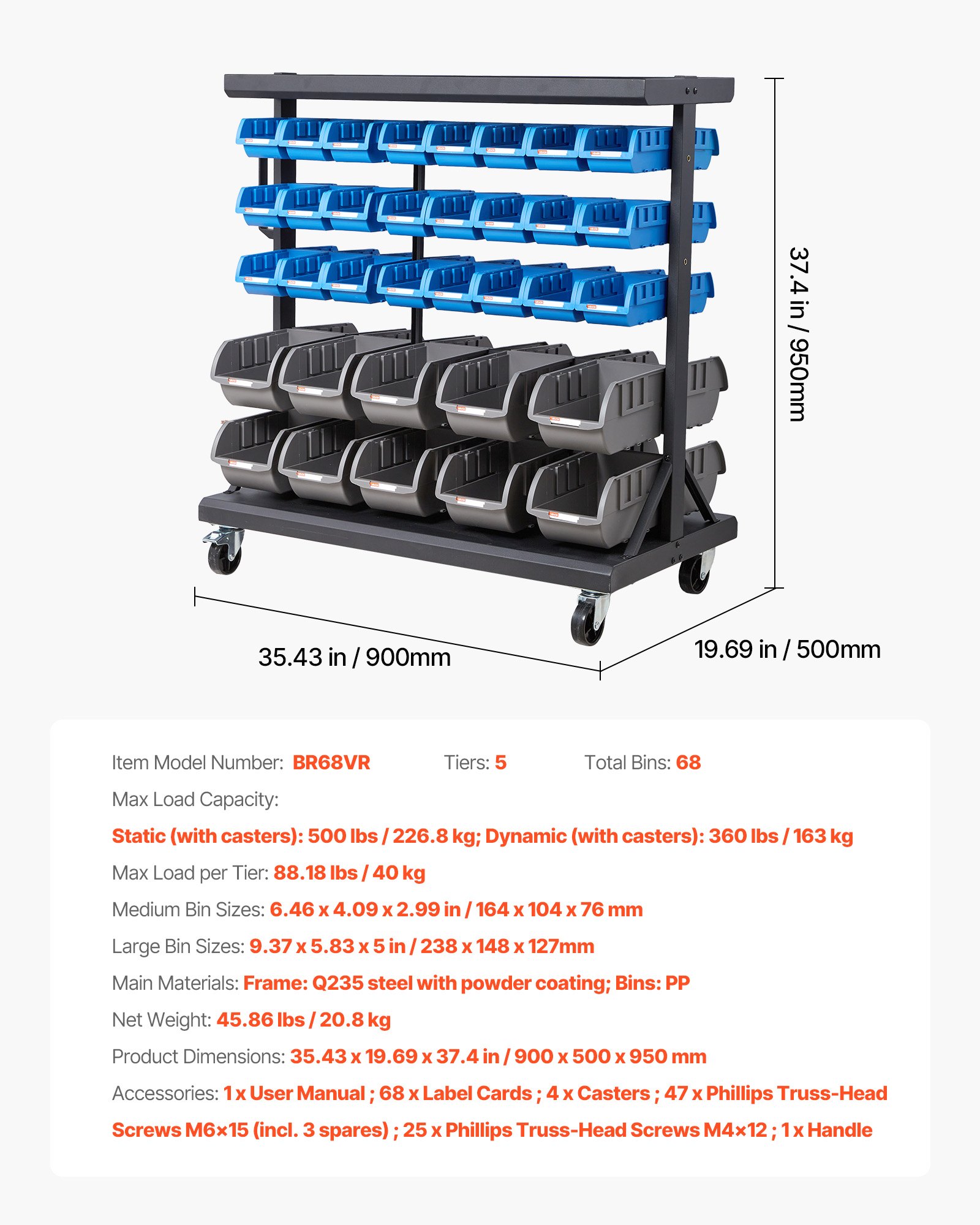 VEVOR Fahrregal mit Stapelboxen Set, Mobiles Lagerregal mit 5 Ebenen & 68 Sortimentskästen für Kleinteile in zwei Größen, 900x500x950 mm, doppelseitig, für Werkstatt, Garage, Lager & Büro