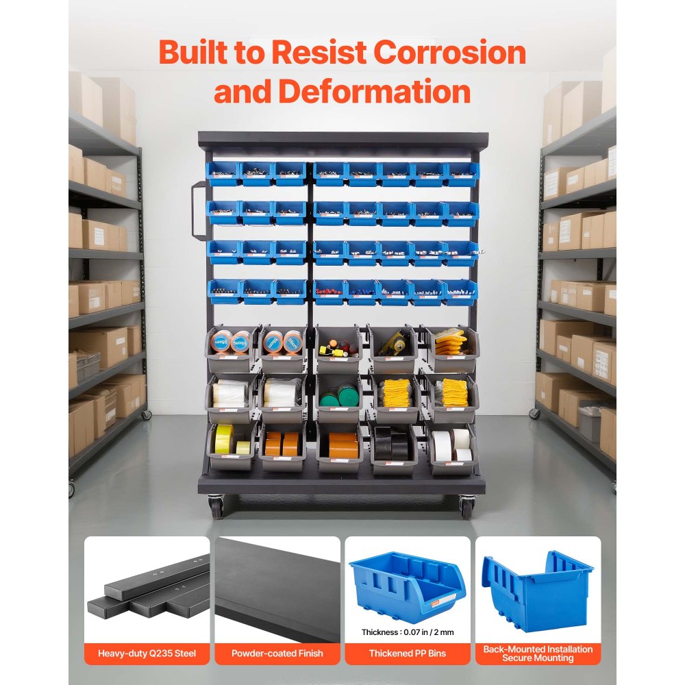 VEVOR Fahrregal mit Stapelboxen Set, Mobiler Werkzeugorganizer mit 7 Ebenen & 94 Sortimentskästen für Kleinteile in zwei Größen, 900x500x1245mm, doppelseitig, für Werkstatt, Garage, Lager & Büro