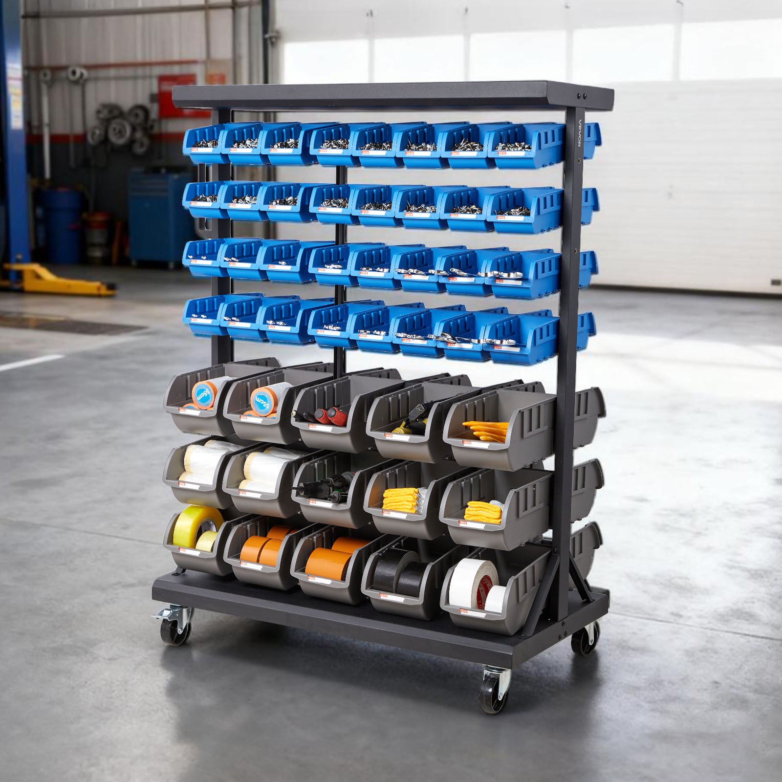 VEVOR Fahrregal mit Stapelboxen Set, Mobiler Werkzeugorganizer mit 7 Ebenen & 94 Sortimentskästen für Kleinteile in zwei Größen, 900x500x1245mm, doppelseitig, für Werkstatt, Garage, Lager & Büro