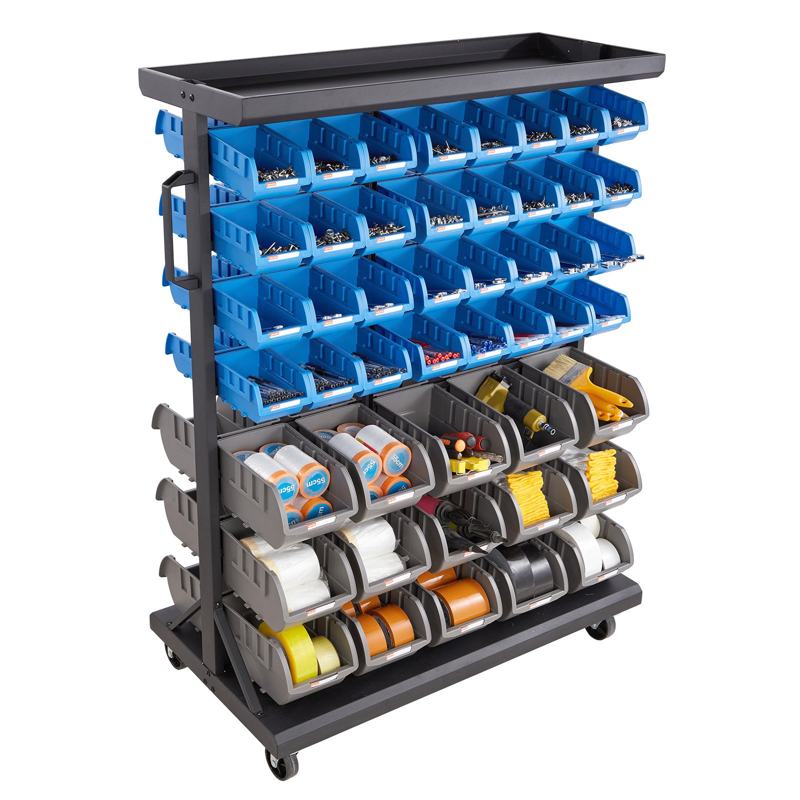 VEVOR Fahrregal mit Stapelboxen Set, Mobiler Werkzeugorganizer mit 7 Ebenen & 94 Sortimentskästen für Kleinteile in zwei Größen, 900x500x1245mm, doppelseitig, für Werkstatt, Garage, Lager & Büro