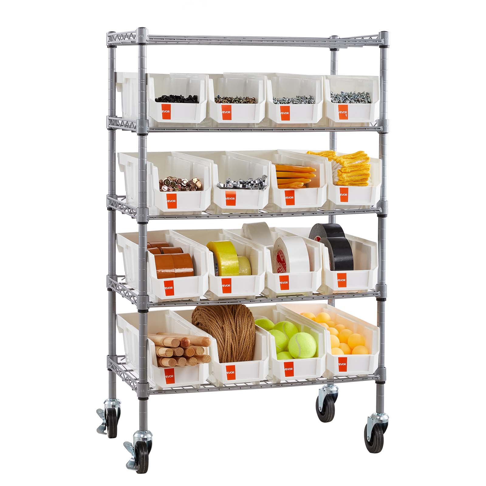 VEVOR Standregal, Lagerregal mit 5 Ebenen & 16 Stapelboxen, Bücherregal Küchenregal mit Rollen, Fahrregal für Garage, Lager, Büro, Restaurant, Klassenzimmer, Küche, 610x355x1065 mm