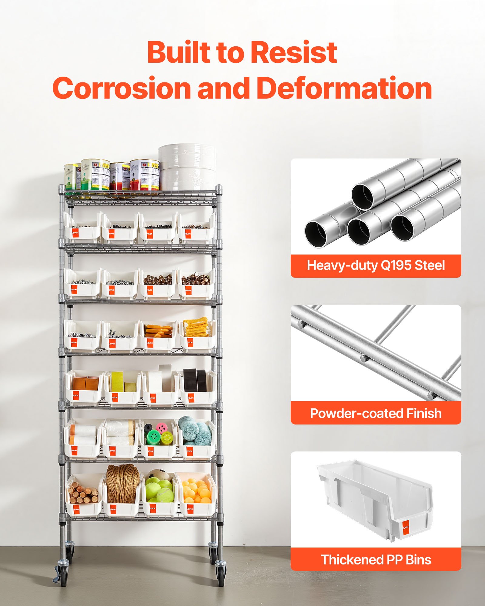 VEVOR Standregal, Lagerregal mit 7 Ebenen & 24 kleinen Stapelboxen, Bücherregal, Küchenregal mit Rollen, Werkzeugorganizer für Garage, Büro, Restaurant, Klassenzimmer, Küche, 600x350x1480mm