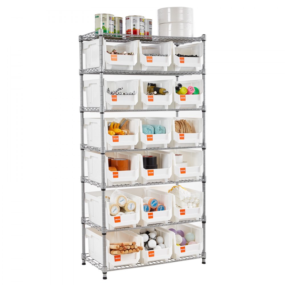 VEVOR Standregal, Lagerregal mit 7 Ebenen & 18 Stapelboxen, Bücherregal, Küchenregal mit Rollen, Werkzeugaufbewahrung für Garage, Lager, Büro, Restaurant, Klassenzimmer, Küche, 690x355x1490 mm