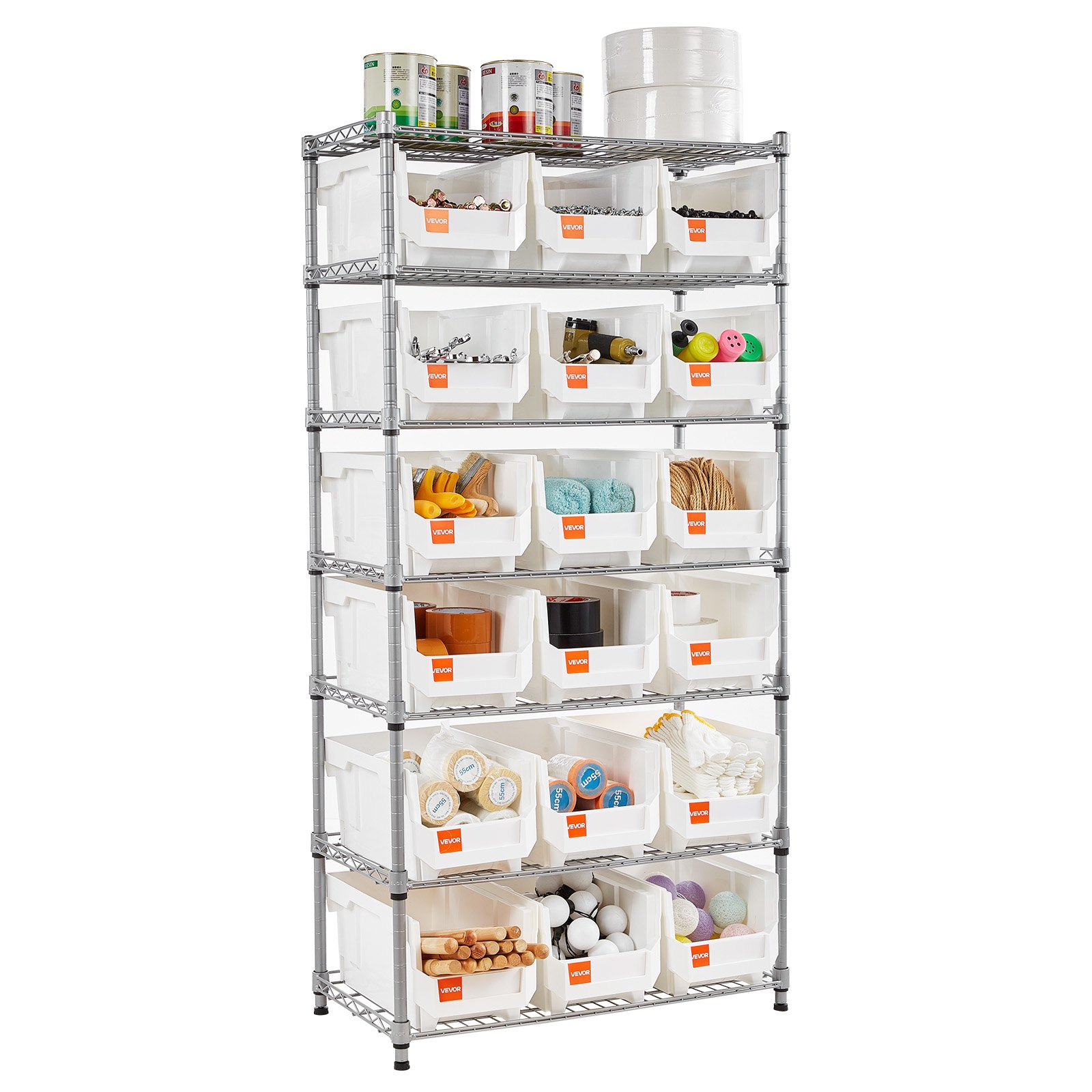 VEVOR Standregal, Lagerregal mit 7 Ebenen & 18 Stapelboxen, Bücherregal, Küchenregal mit Rollen, Werkzeugaufbewahrung für Garage, Lager, Büro, Restaurant, Klassenzimmer, Küche, 690x355x1490 mm