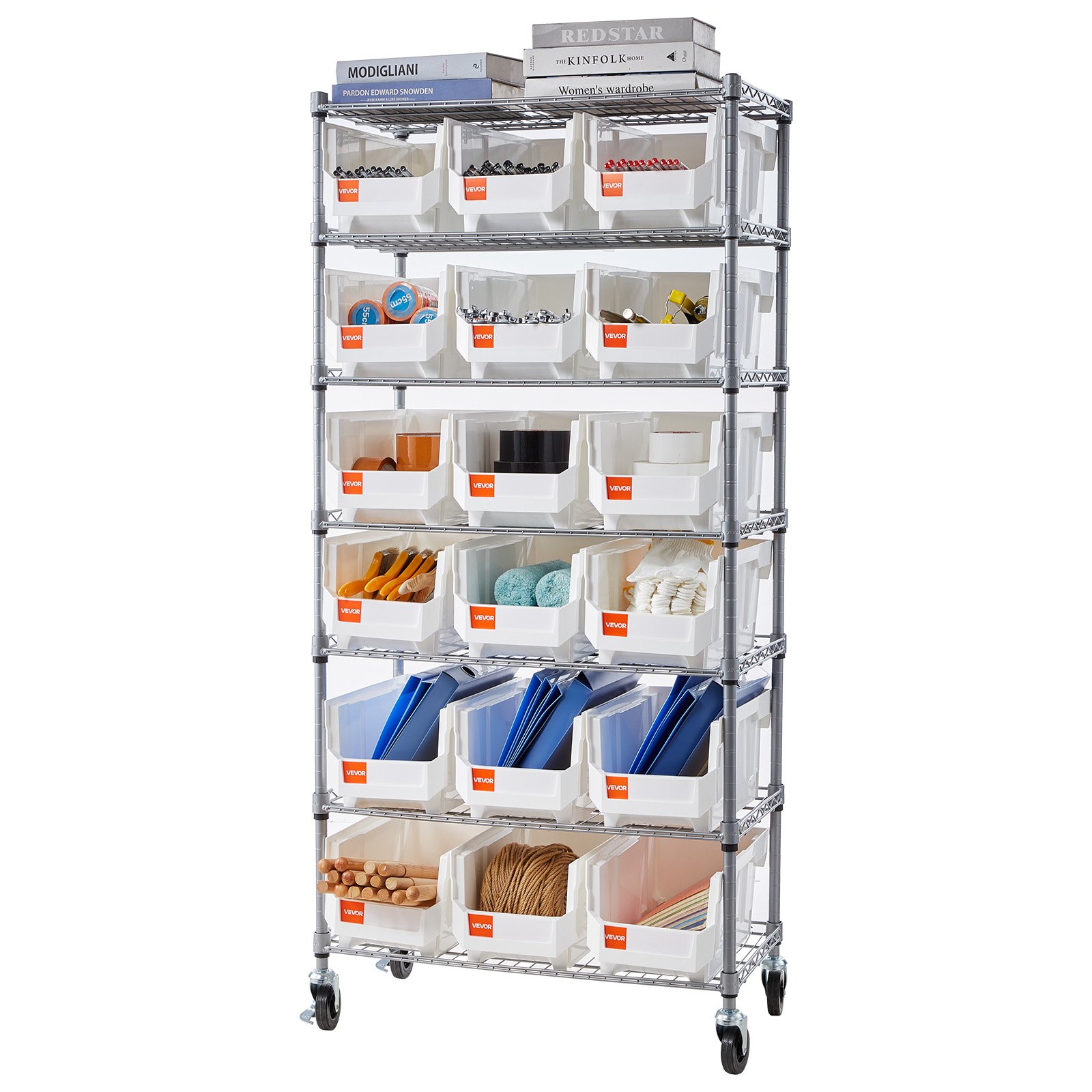 VEVOR Standregal, Lagerregal mit 7 Ebenen & 18 Stapelboxen, Bücherregal, Küchenregal mit Rollen, Werkzeugaufbewahrung für Garage, Lager, Büro, Restaurant, Klassenzimmer, Küche, 690x355x1490 mm
