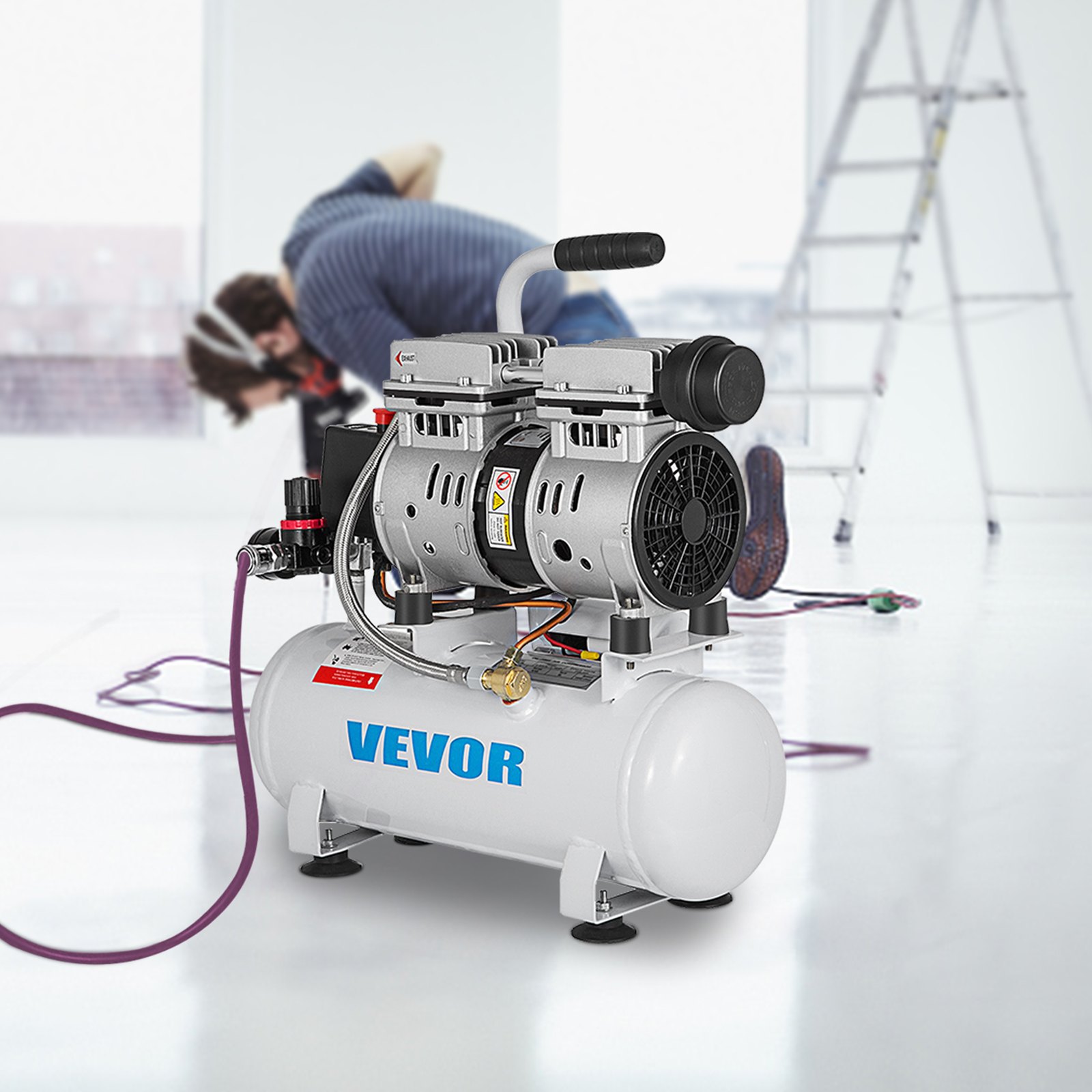 VEVR 9L Leiser Kompressor Druckluft 550W Druckluftkompressor  Flüsterkompressor Luftabgabe Extra Ölfreier Luftkompressor mit Kupferrohr