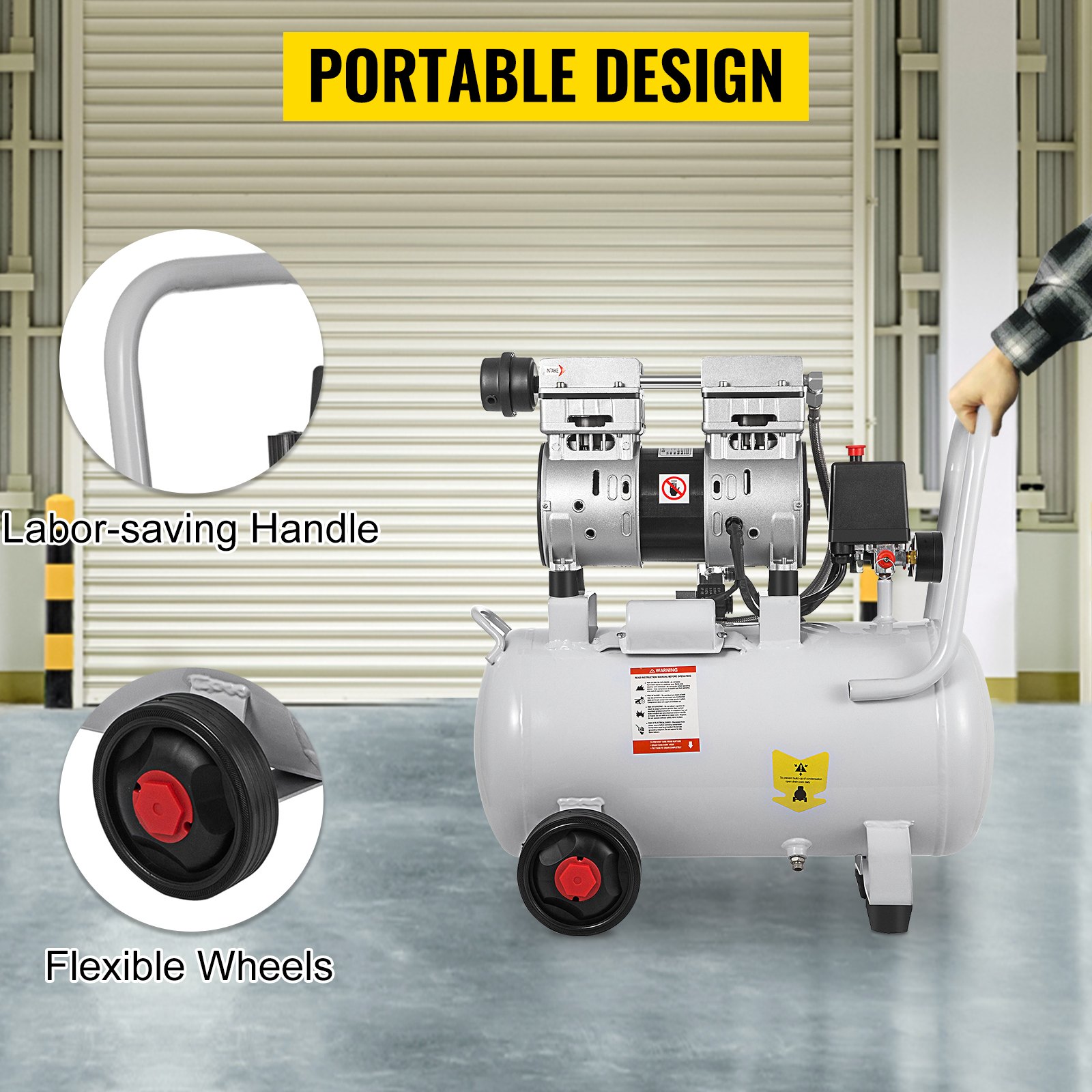 VEVOR Druckluftkompressor, 30L Luftkompressor 750W Luftabgabe Extra Leiser Ölfreier Luftkompressor mit Magnetventil