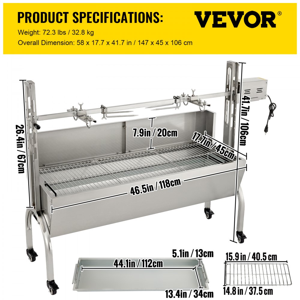 VEVOR Rotisserie-Grill, Edelstahl, Schweinelamm, Haubenbräter, 127 cm, elektrischer Holzkohlespieß, mit 40-W-Motor und höhenverstellbaren, feststellbaren Rollen, für Outdoor, Camping, Party, Grill