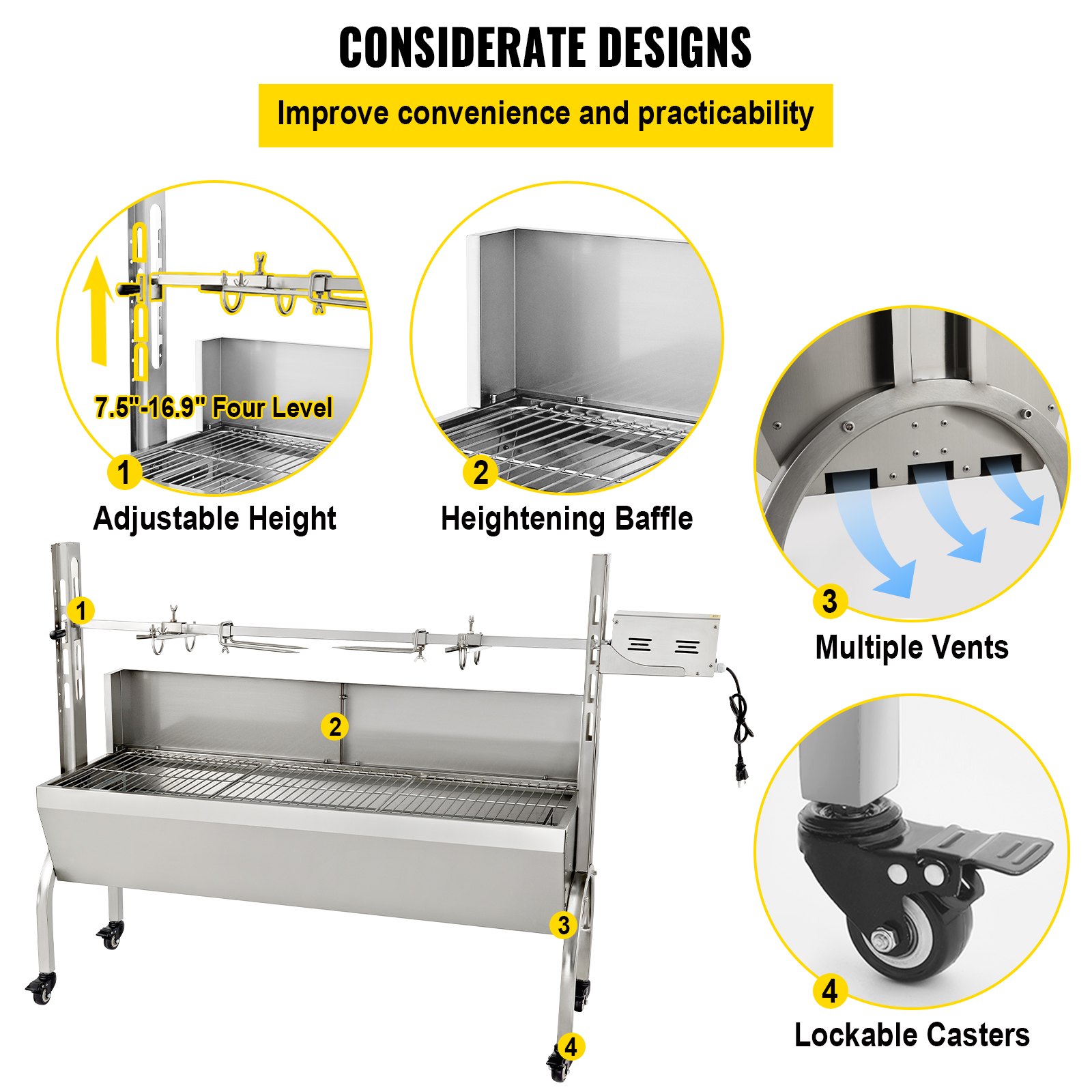 VEVOR Rotisserie-Grill, Edelstahl, Schweinelamm, Haubenbräter, 127 cm, elektrischer Holzkohlespieß, mit 40-W-Motor und höhenverstellbaren, feststellbaren Rollen, für Outdoor, Camping, Party, Grill