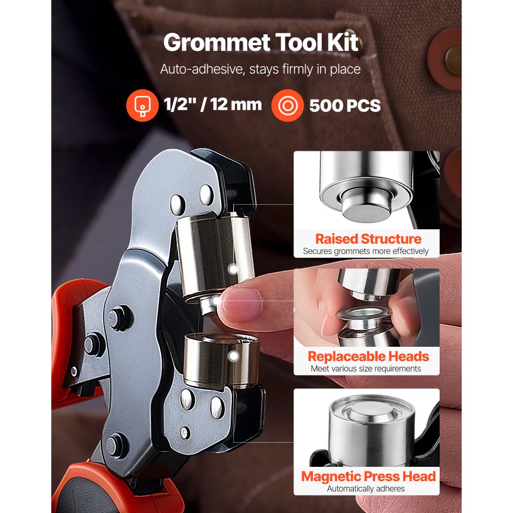 VEVOR Ösenzange Set mit 500 tlg. Ø12mm-Ösen Magnetische Ösenpresse, Ösenstanze aus Stahl mit Magnetkopf Rutschfester Griff Geeignet für Leder Planen Schuhe Bastelarbeiten & Stoff