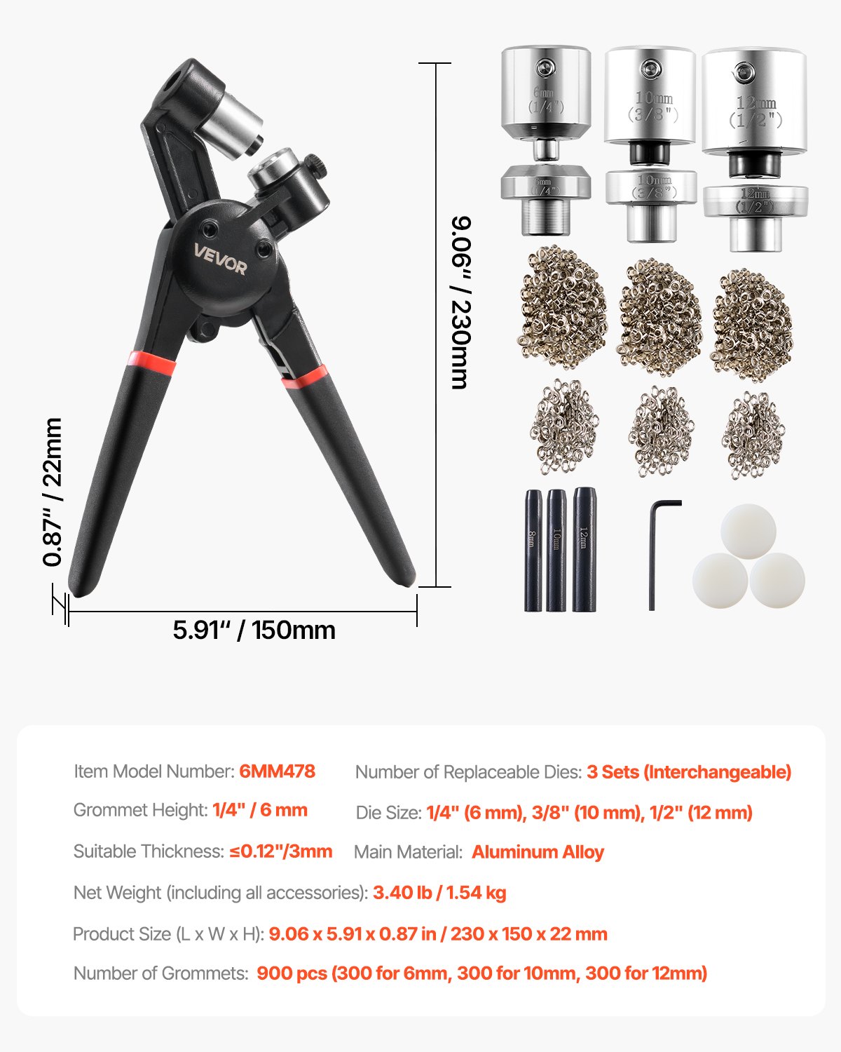 VEVOR Ösen Werkzeugset 900 Stk. 6 / 10 / 12 mm Metallösen, Ösenset mit manueller Ösenpresse & Locher & Block, Lochstanze Lochzange Locher für Leder Plane Schuhe Basteln Stoff Gürtel